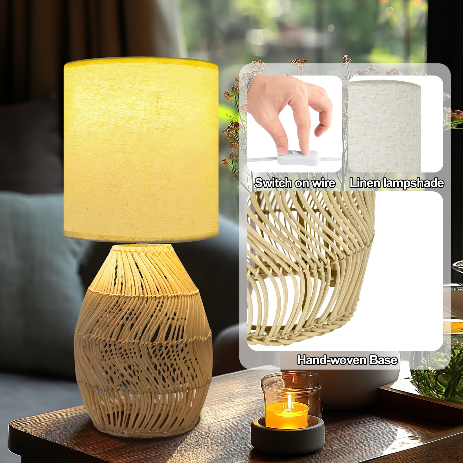 Jriceskiz Handmade Boho Rattan Table Lamp - Stepless Dimmable Wicker Nightstand Lamp With Wooden Base For Bedroom, Living Room, Office - Bamboo Woven Decorative Lamp (Striped, 1 Pack)