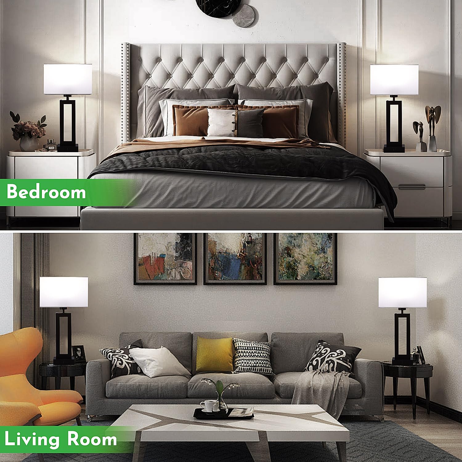 Momyofdy Lamps For Bedrooms - Set Of 2 Modern Table Lamps With Touch Control, 3 Way Dimmable, Usb C&A Charging, White&Black