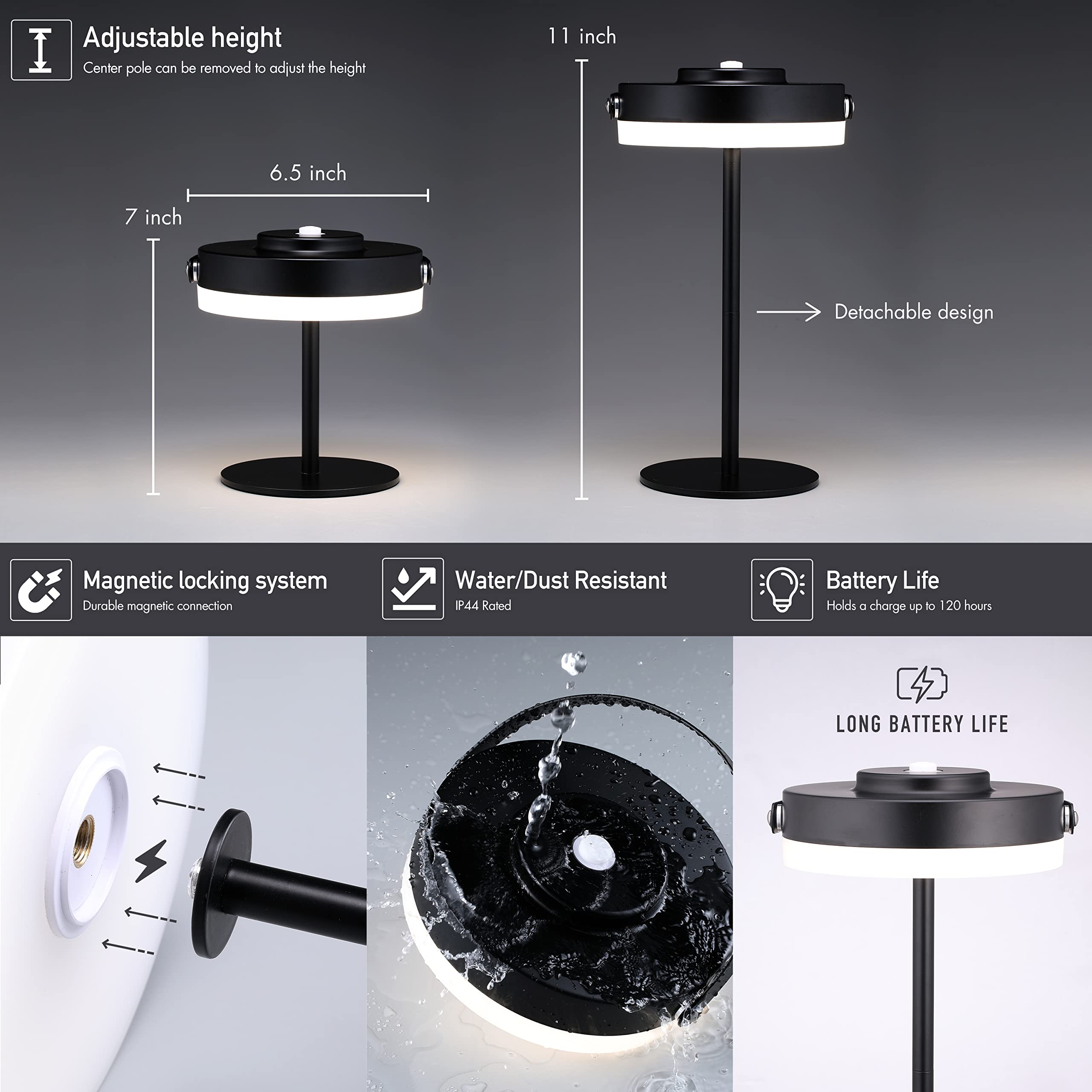 O'Bright O’Bright Thurlow - Portable Led Lamp For Outdoor/Indoor, Built-In Rechargeable Battery, Ip44 Water Resistant, Adjustable Height, Travel Light, Camping Lantern, Patio Table Lamp, Night Lamp, Black