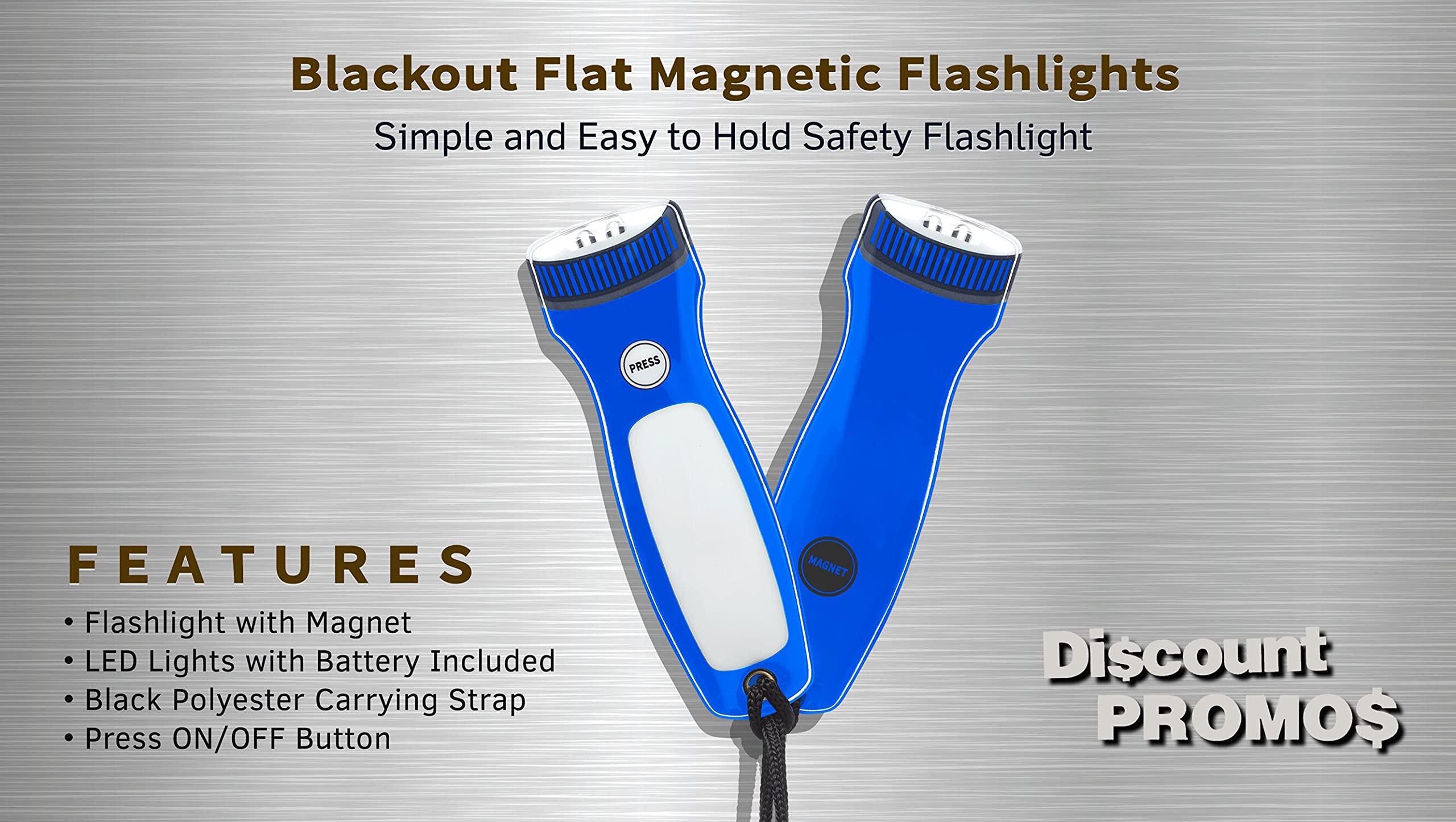 Discount Promos 10 Blackout Flat Magnetic Flashlights Set - Led Lights, Wrist Strap Included, Fridge Magnet - Blue