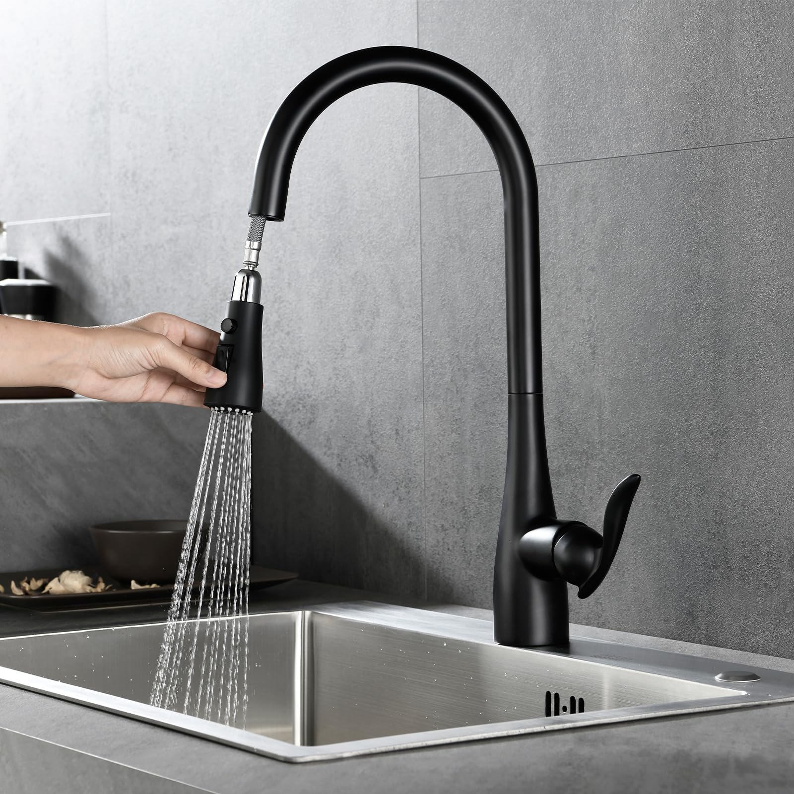 Aonebath Kitchen Faucets, Replacement For Moen Matte Black One-Handle Pulldown Kitchen Sink Faucet Featuring Power Boost For A Faster Clean, Black Kitchen Faucet With Pull Down Sprayer, 7594Bl