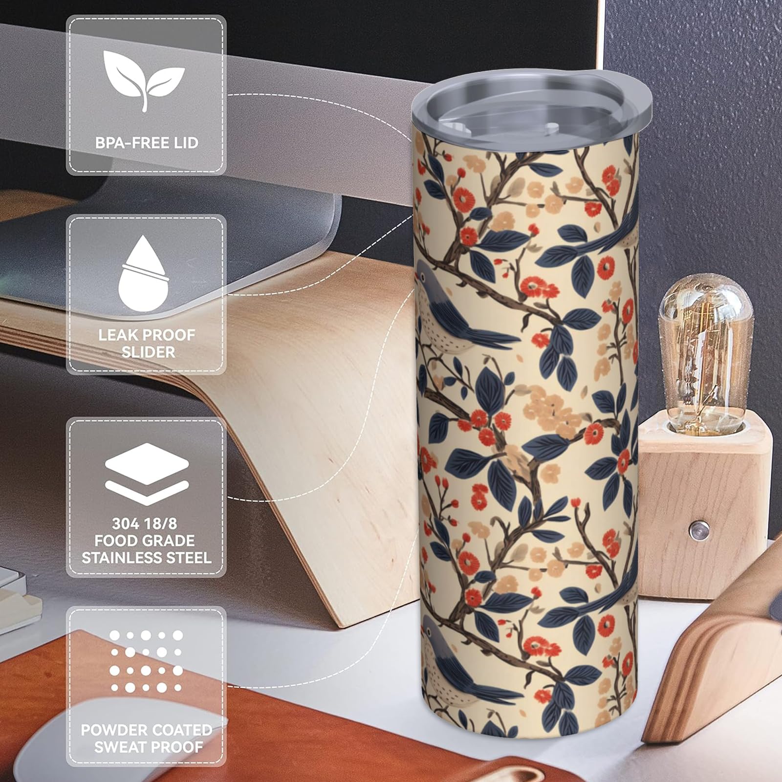 Stainless Steel Tumbler 20Oz With Lid And Straw, Birds Tumbler For Hot And Cold Beverages