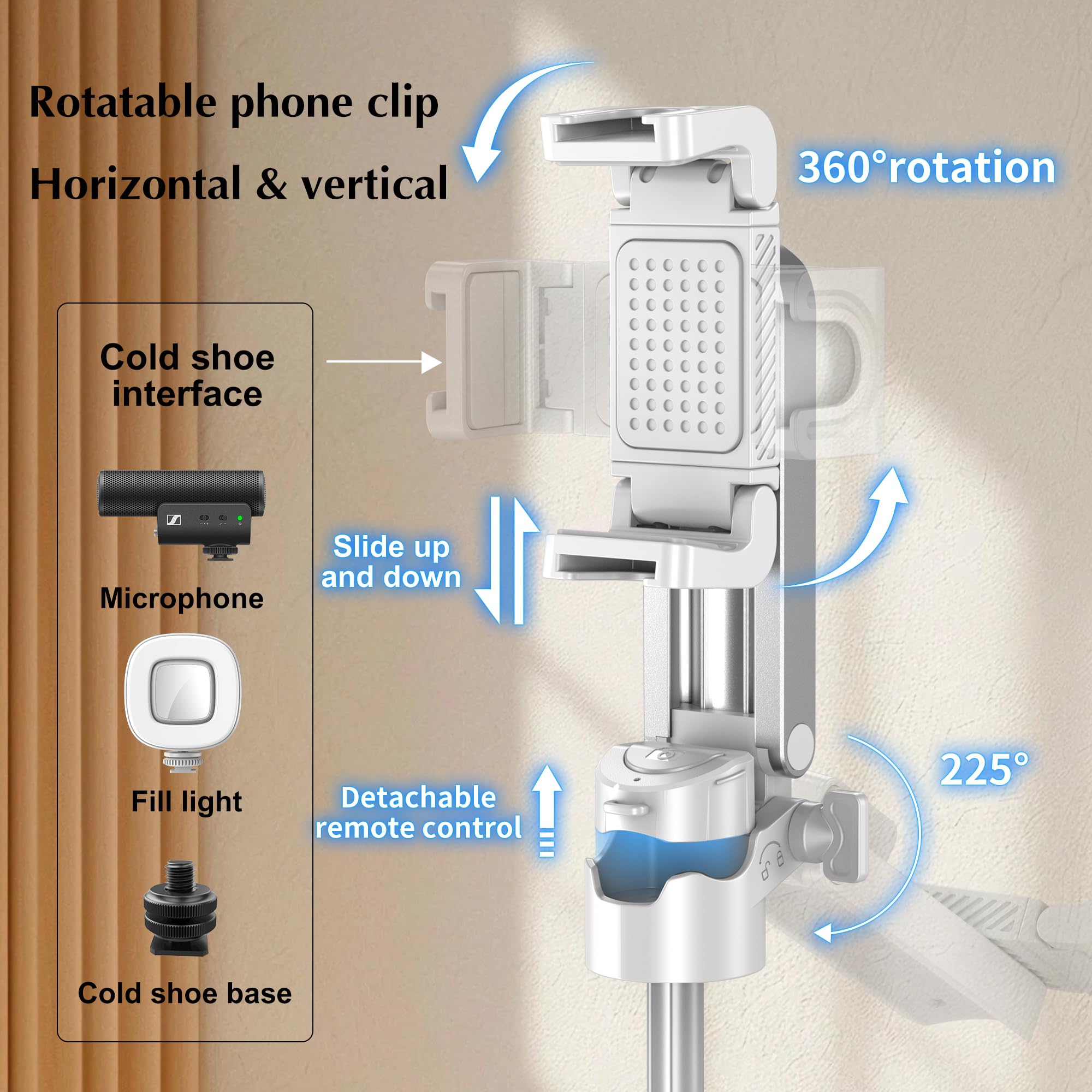 Eug-Products Mini Selfie Stick Tripod, Extendable Grip Phone Tripod With Detachable Remote Pocket Size, 4-In-1 Mini Phone Grip, 10M Wireless Shutter, Vlog Livestreaming Photography （White）