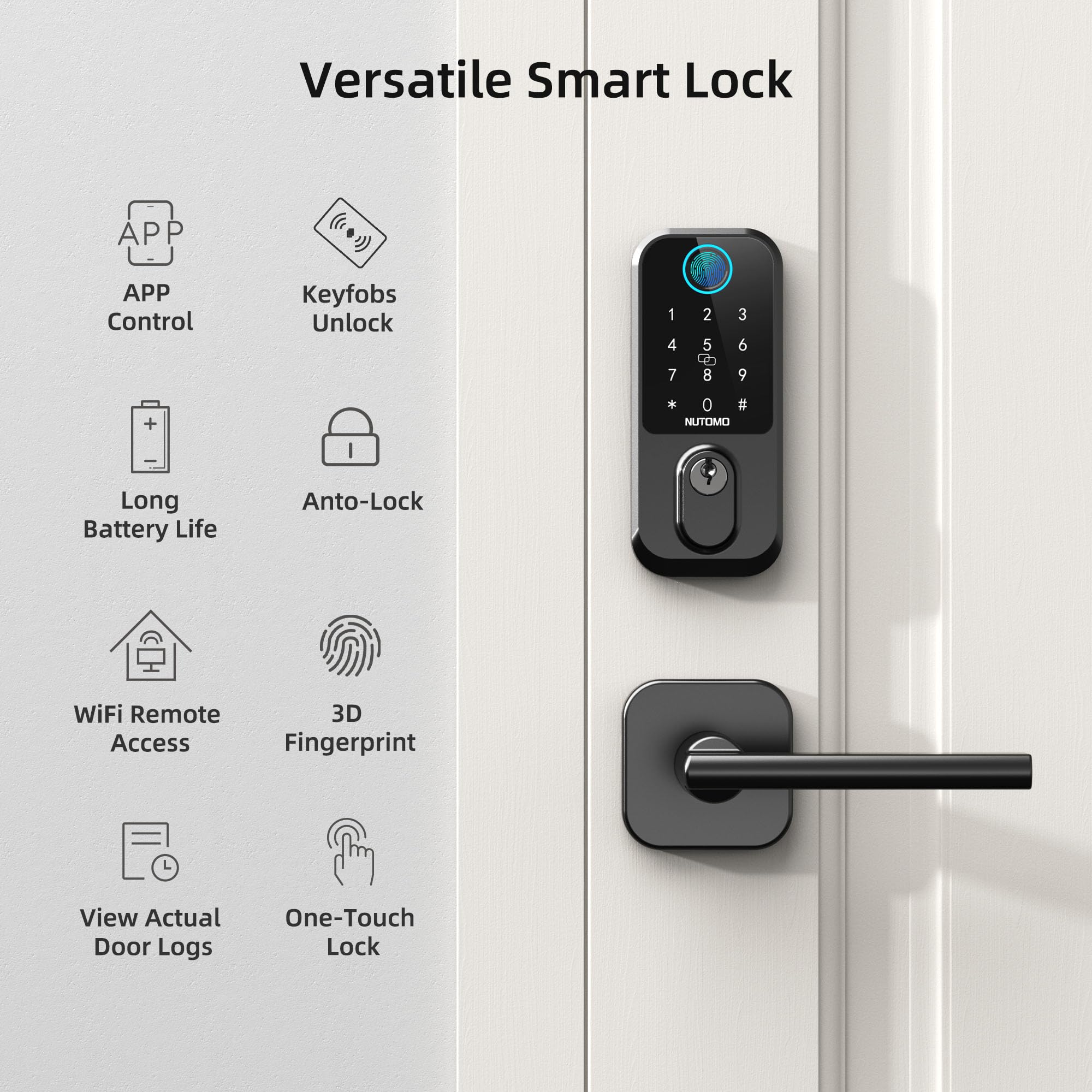 Nutomo Smart Front Door Lock Set: Keyless Entry Fingerprint Deadbolt With Handle Set Digital Keypad Door Locks Alexa App Remote Control Auto Lock Black
