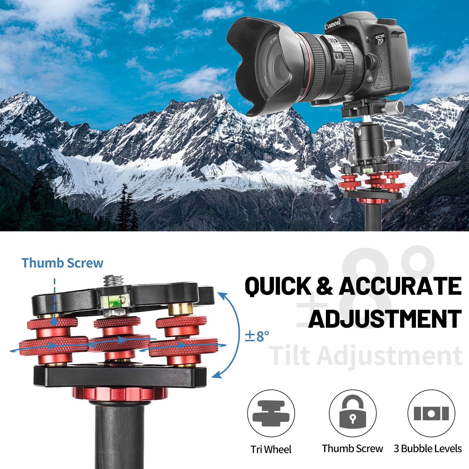 Camerig Tripod Head Leveling Base Camera Leveler, Aircraft Grade Aluminum Alloy 3 Axis Tri Wheel Head, 3/8” Thread, With +/-5 Degree Precision Adjustment For Dslr Camera Rotator Panoramic Head Lp-64