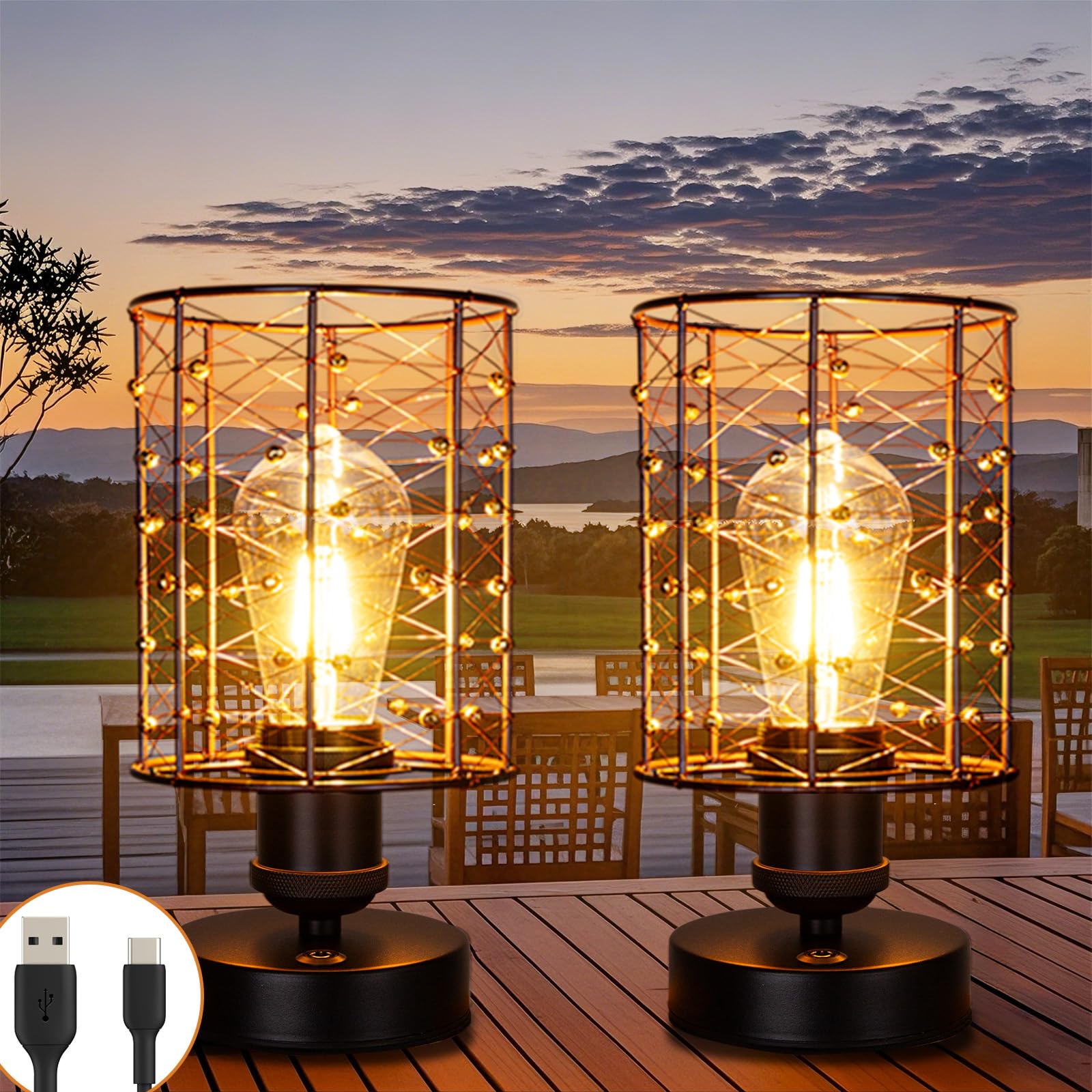 All Fortune Cordless Rechargeable Outdoor Table Lamps, Battery Operated Table Lamp With Stepless Dimmable Table Lights, Outdoor Lamps For Patio, Living Room, Bedroom, Indoor- Set Of 2