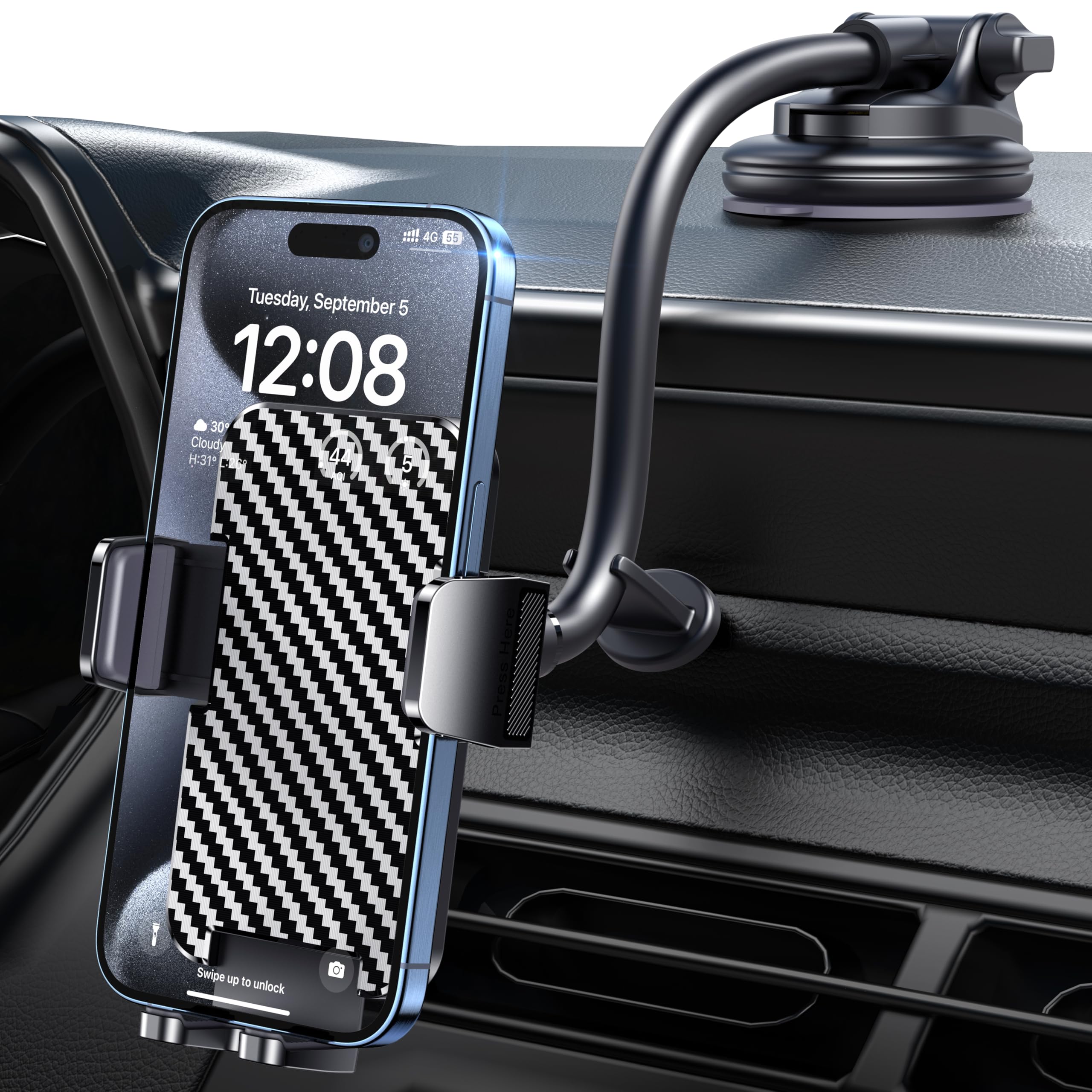 Bipopibo Phone Holders For Your Car [Long Flexible Neck] Car Phone Mount [Anti-Shake Stabilizer] Cell Phone Holder Car For Dashboard Windshield Automotive Accessories Fit For Iphone Android Smartphone