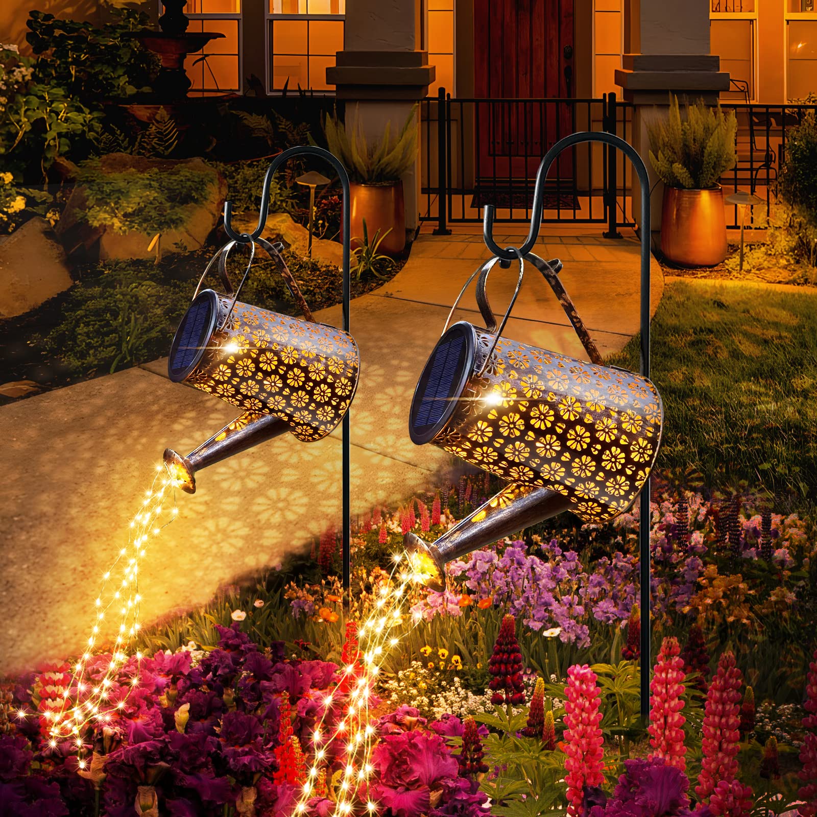 Lureshine Outdoor Solar Watering Can With Lights Garden Decor Large Solar Powered Lanterns Hanging Waterproof Led Decorative Retro Metal Kettle String Lights For Table Yard Pathway Walkway Gardening