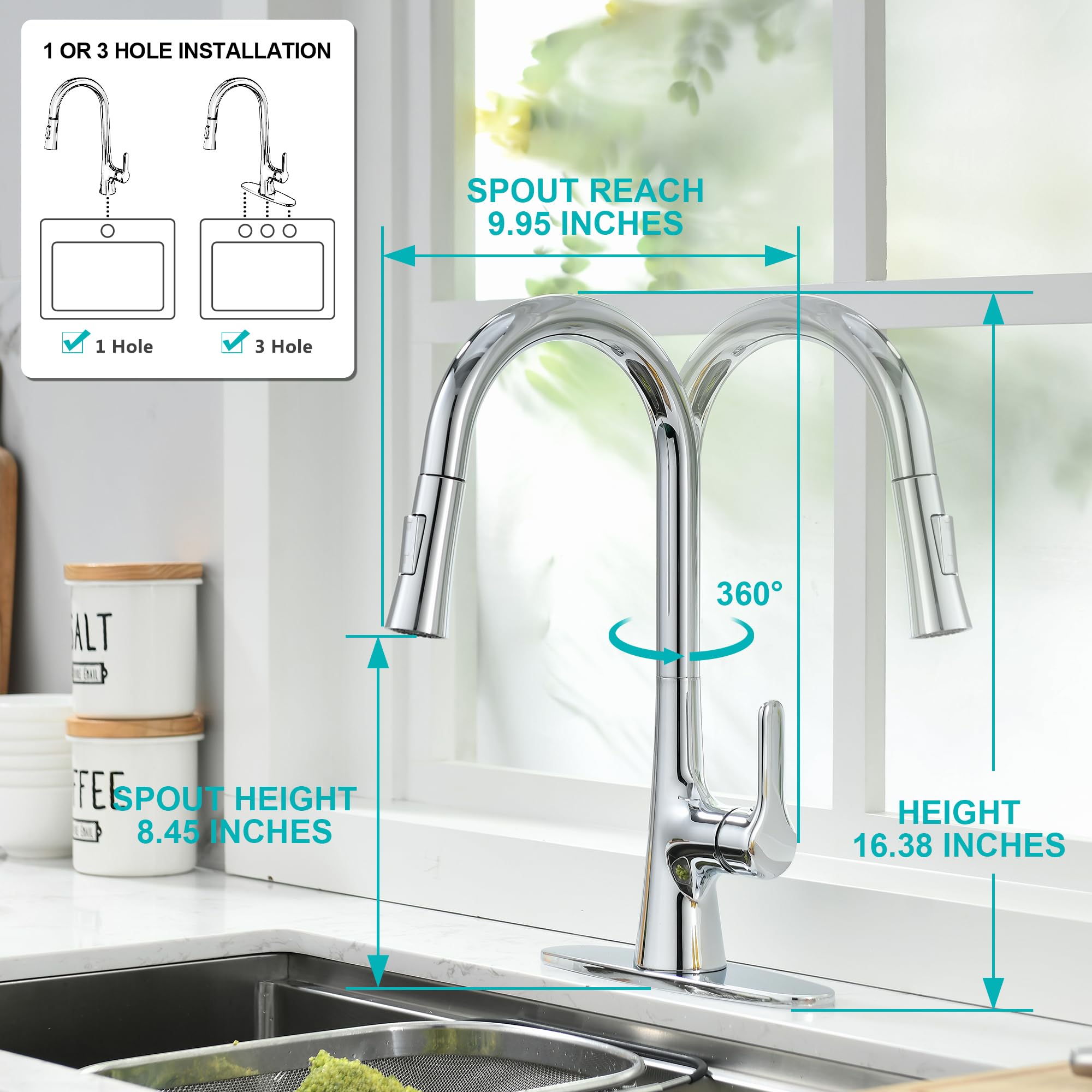 Fropo Kitchen Faucet With Pull Down Sprayer, Polished Chrome Kitchen Sink Faucet 1 Or 3 Hole, High Arc Single Handle Spot Resist Stainless Steel Kitchen Faucets For Farmhouse Camper Laundry Rv Bar
