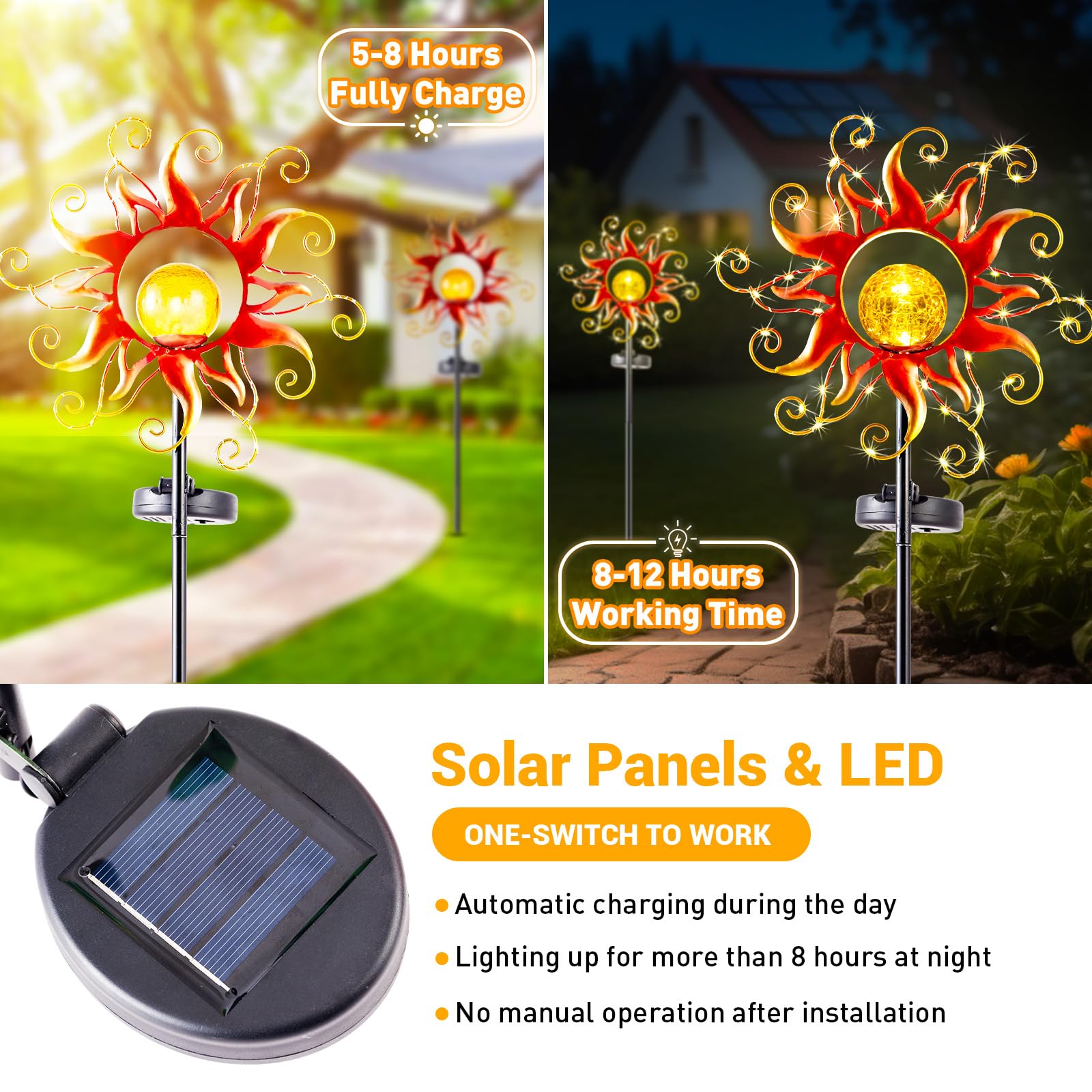 Kacux Solar Lights Outdoor Waterproof Red Sun Metal Crackle Glass Stake Decorative For Outside,Yard,Lawn,Patio,Walkway Mothers'Day  Mom Grandma Garden Lover