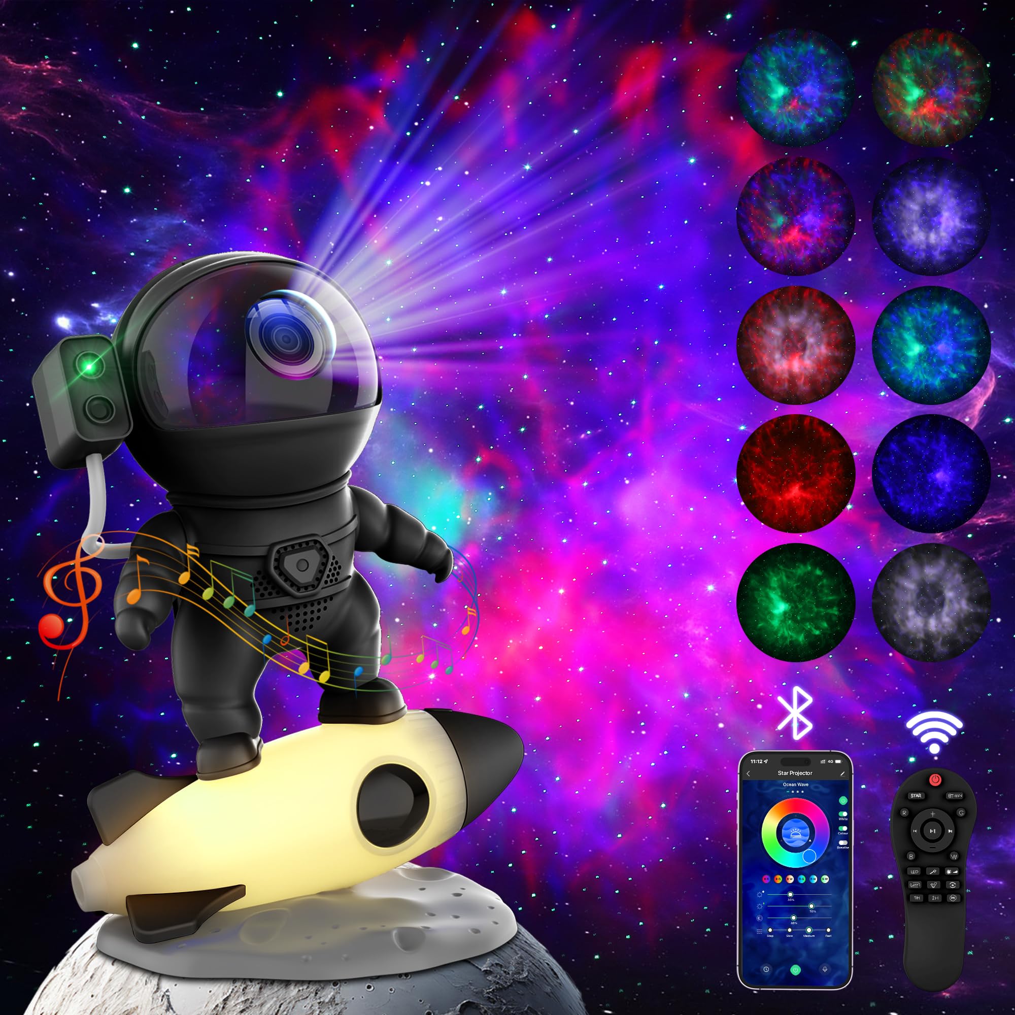 Flyeagle Astronaut Galaxy Projector, Star Projector Rocket Night Light For Kids Room, 360° Adjustable Magnetic Head, Bluetooth Speaker, Timer, White Noise With Remote App Button Control Idea For 