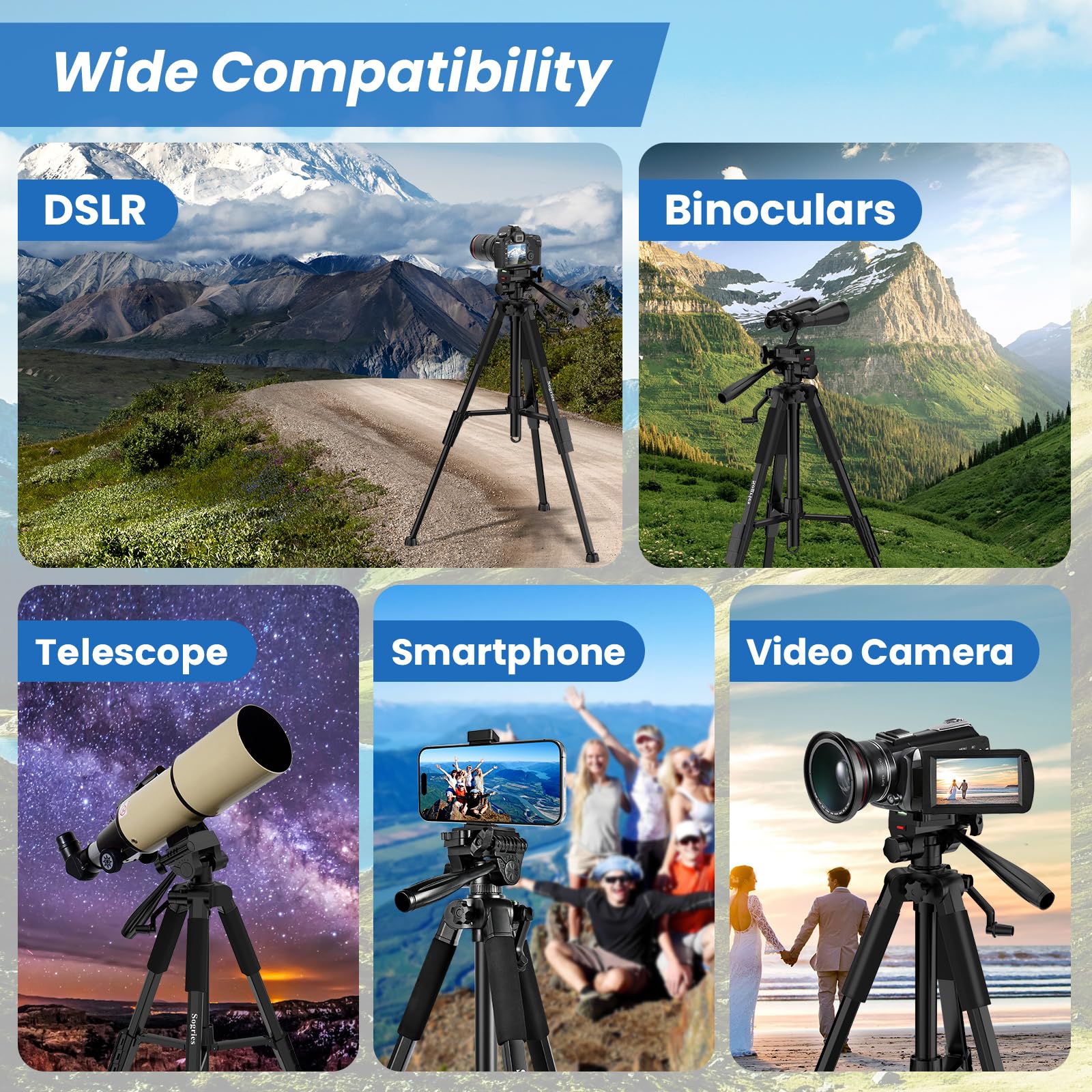 Sogries Tripod-60”Camera Tripod,Porfessional Aluminum Lightweight Travel Outdoor Tripods For Camera/Dslr/Cell Phone/Camcorder/Binoculars/Microscope