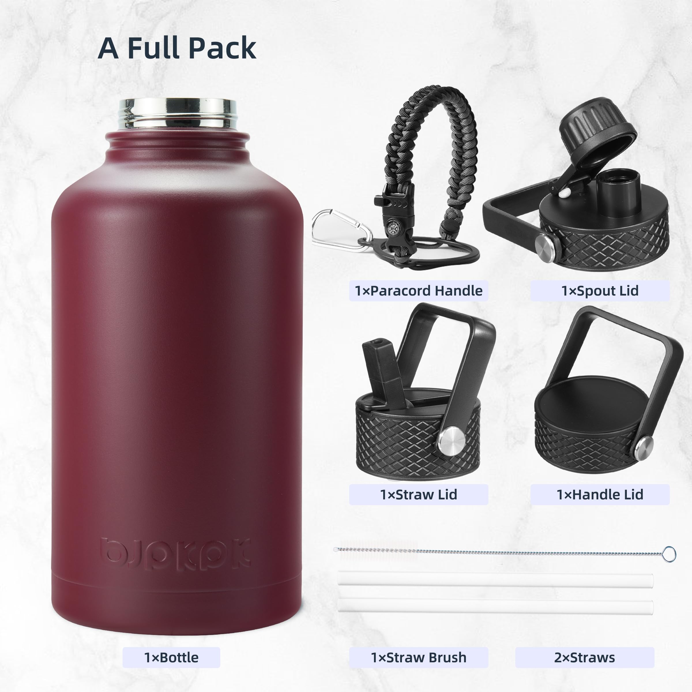 Bjpkpk Half Gallon Insulated Water Bottles With Straw Lid, 64Oz Large Water Jug, Stainless Steel
