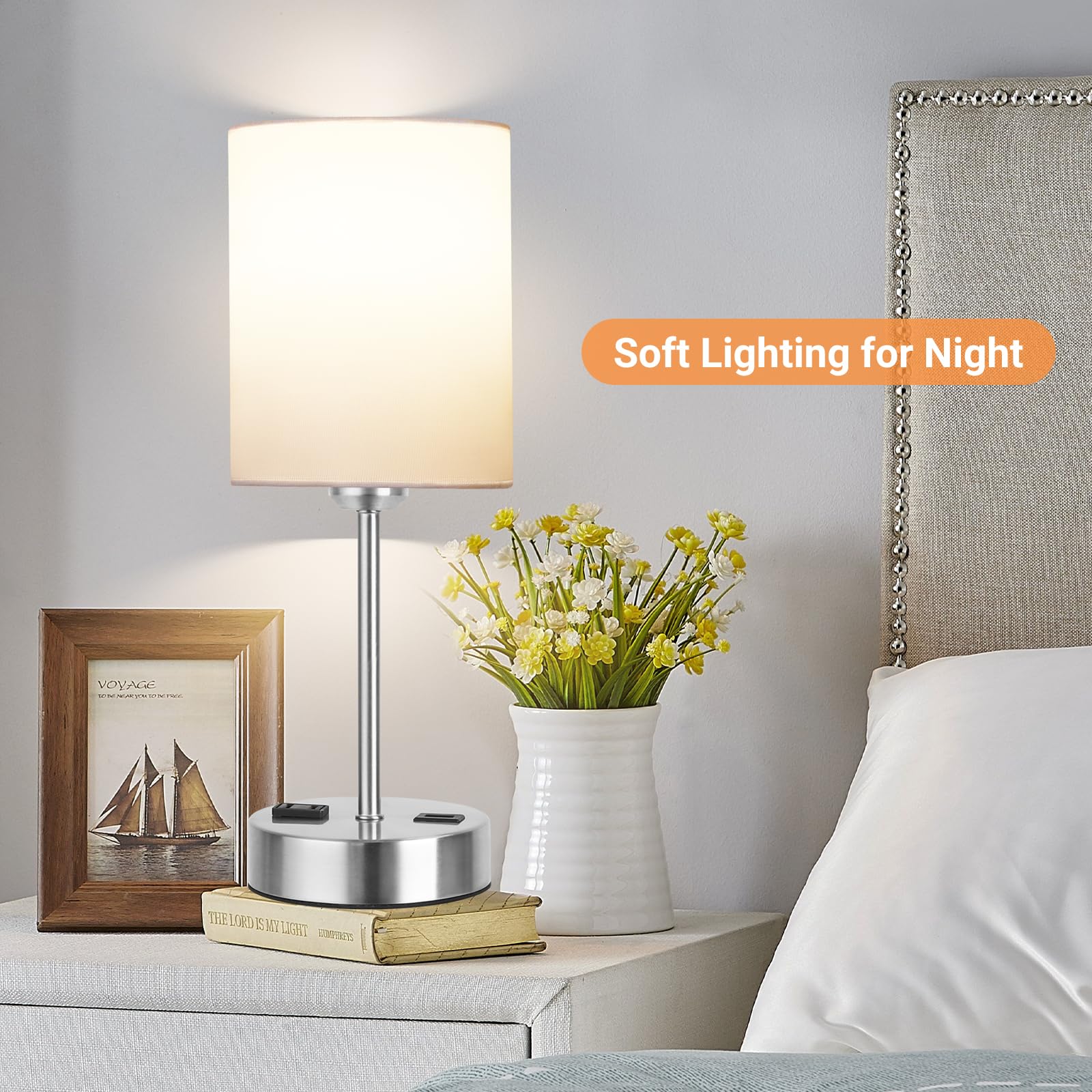 Partphoner Touch Table Lamps For Bedroom Set Of 2, Bedside Nightstand Lamps With Usb Port And Power Outlet, 3 Way Dimmable White Lamp For Living Room Nursery Room, Warm White Bulbs Included
