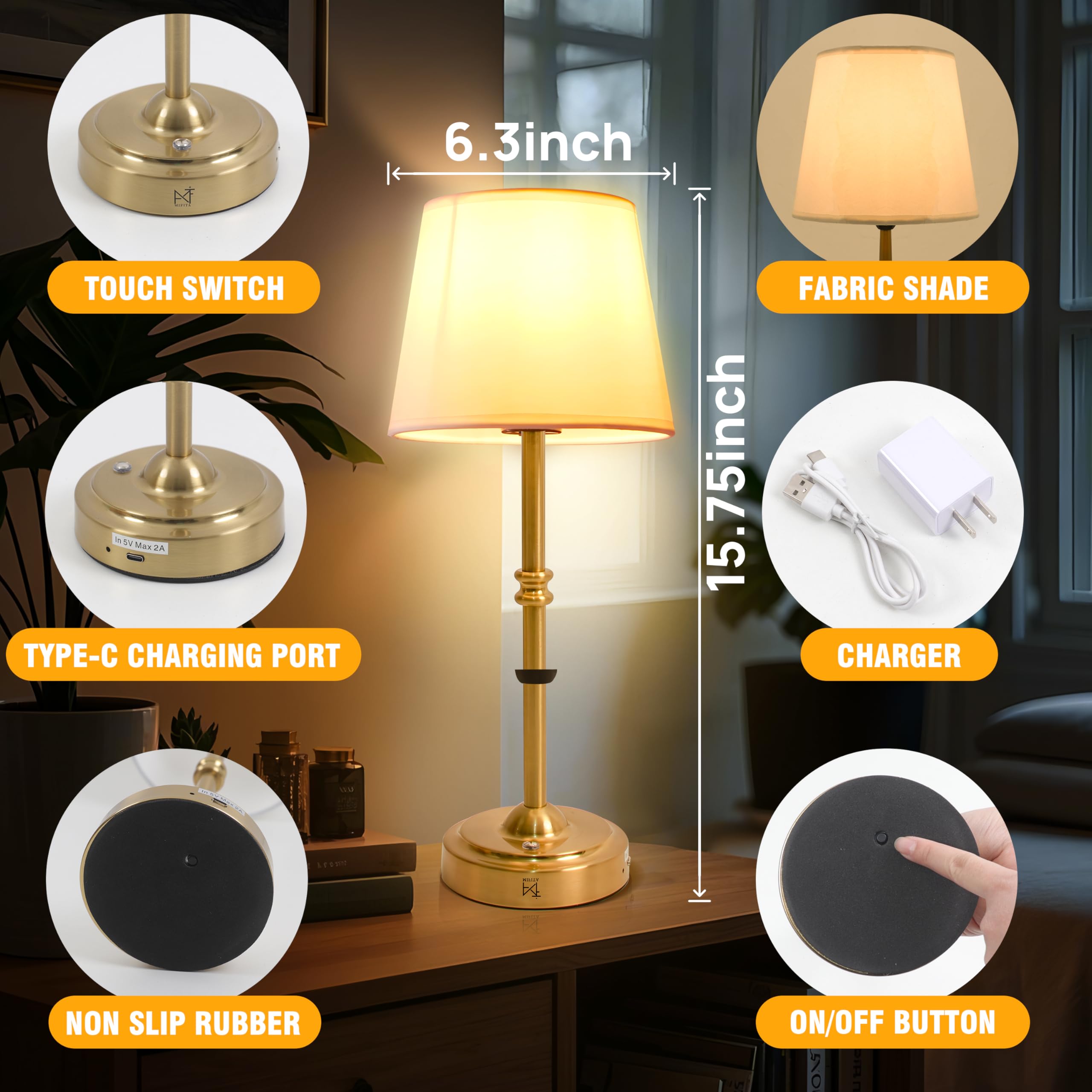 Mf Mifita Cordless Lamp For Desk, 3-Level Dimming Rechargeable Lamp With 6000Mah Battery, Usb-C Fast Charging Wireless Lamp For Bedroom, Nightstand, Office (Gold)