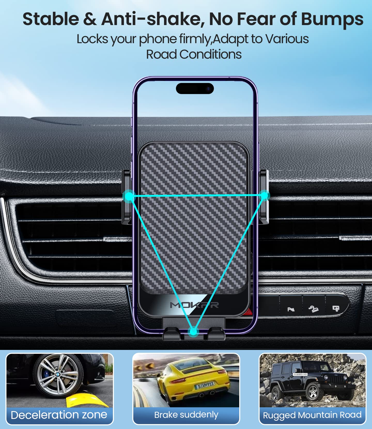 Mokpr Wireless Car Charger, 15W Fast Charging Auto-Clamping Car Mount Universal Hands- Car Charger Mount For Dash Windshield Air Vent Compatible With Iphone 16 15/14/13/12, Samsung S23/S22/S21,Etc