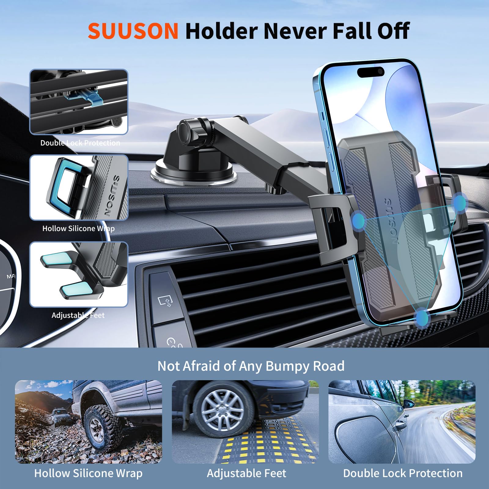 Suuson  3-In-1 Car Phone Holder Mount [Powerful Suction] Phone Mount For Car Dashboard Air Vent Windshield,For All Iphone Android Phone (Black)