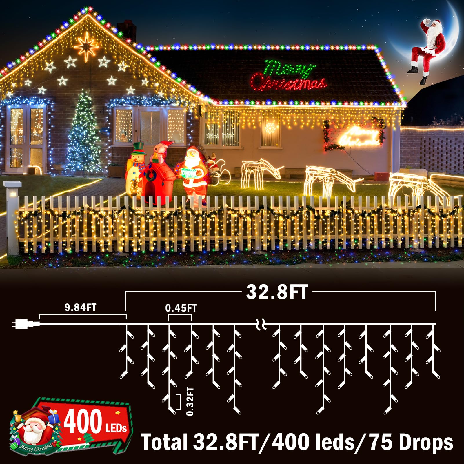 Kno Knochristmas Lights Outdoor Color Changing 400 Led 33Ft 11 Modes Curtain Fairy String Light With 75 Drops, Clear Wire Led Lights For Wedding Party Holiday Christmas (Warm White To Multicolor)