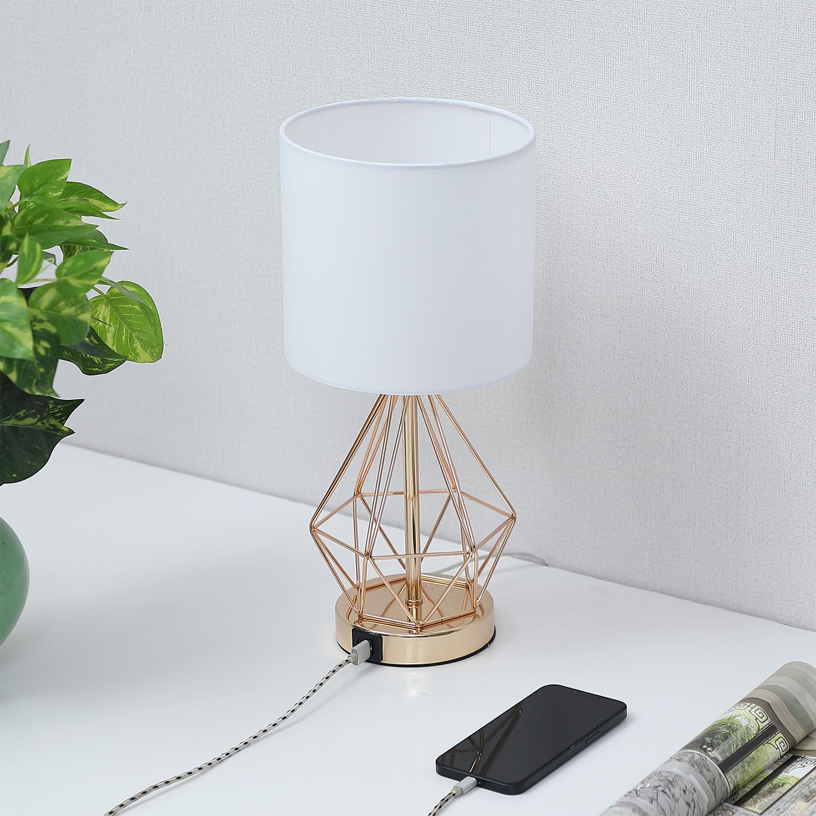 Qhantomize Table Lamp With Usb Port, 3 Way Dimmable Touch Lamps For Nightstand, Modern Small Bedside Lamp With Fabric Shade, Gold Side Table Lamp For Bedroom Living Room, Usb A & Usb C, Led Bulb Included