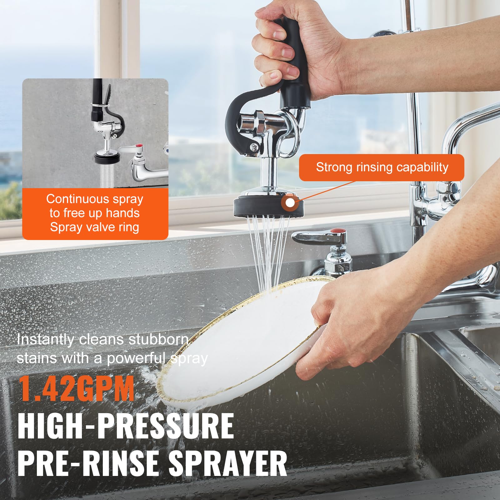 Vevor Commercial Faucet With Pre-Rinse Sprayer, 21" Height, 8" Center, 12" Swing Spout, Wall Mount Kitchen Sink Faucet, Brass Constructed Device With Pull Down Spray, For 1/2/3 Compartment Sink