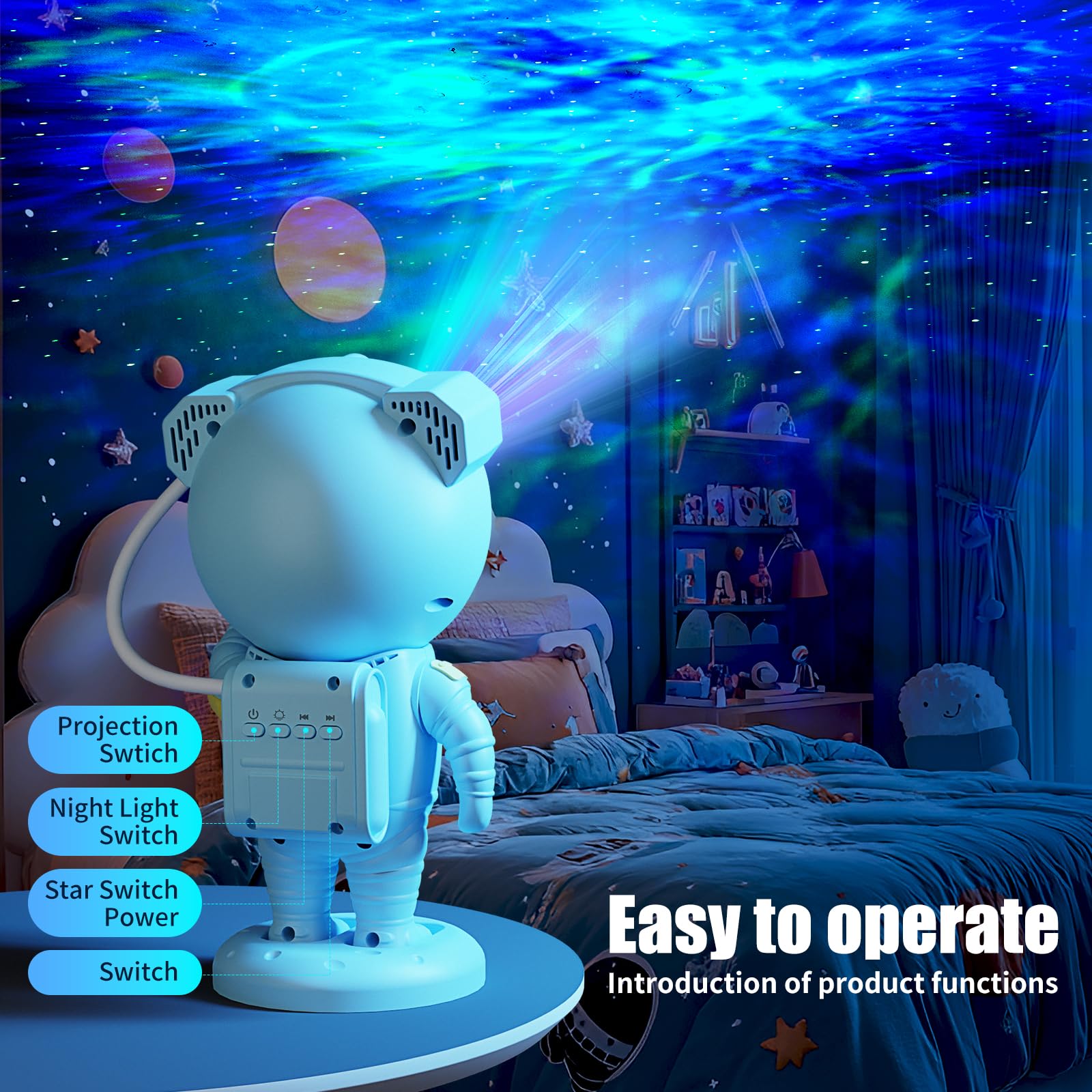 Jioote Astronaut Galaxy Projector,Space Projector,With Bluetooth Speaker And Remote Control,360° Adjustable Angle,Spaceman Star Kids Night Light, For Bedroom Ceiling Adult Birthday(Blue)