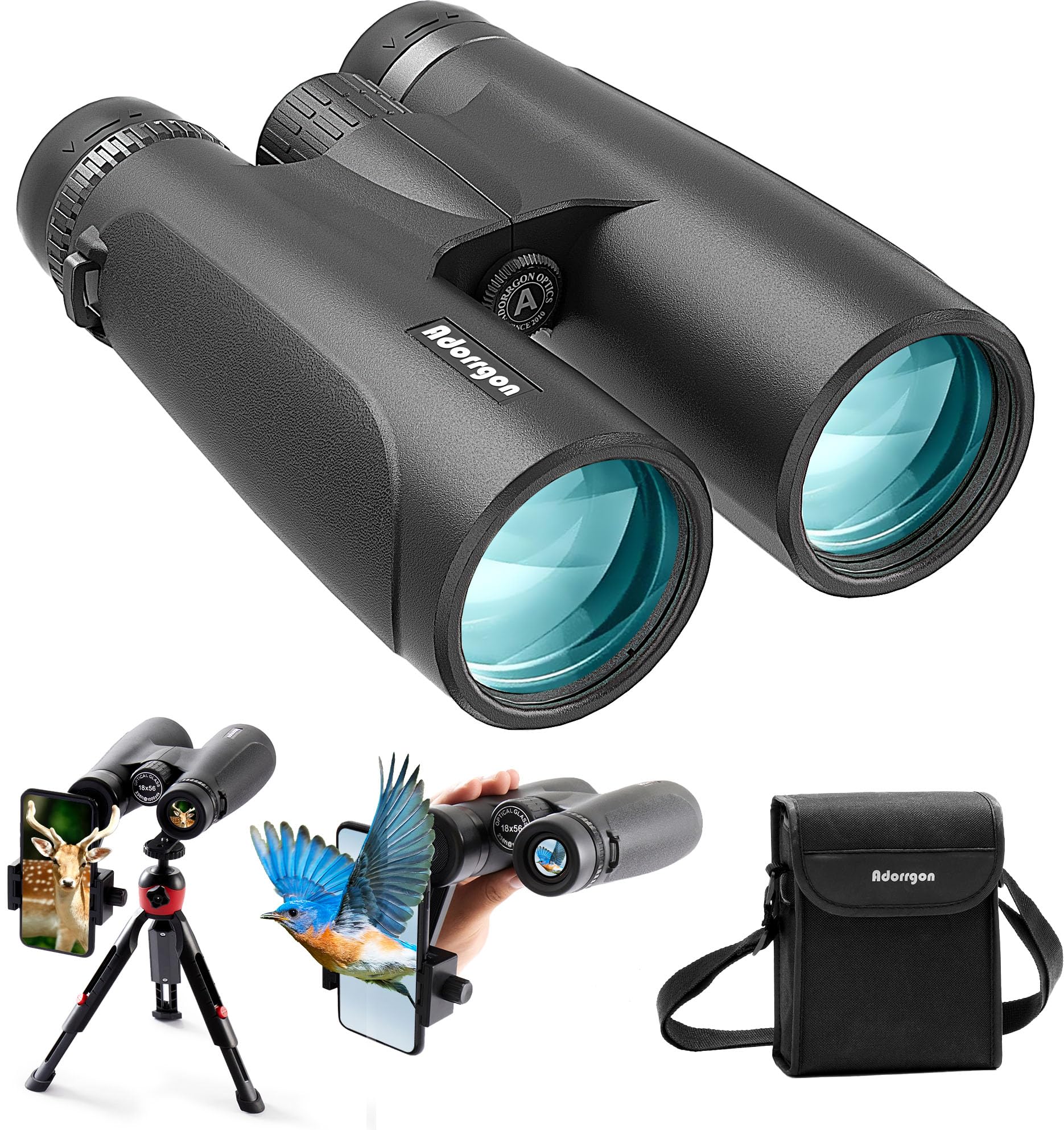 Adorrgon 18X56 Hd Binoculars For Adults High Powered With Phone Adapter And Tripod, Super Powerful Bak4 Prism Fmc Waterproof Binocular With Clear Low Light Vision, Binoculars For Hunting Bird Watching Travel