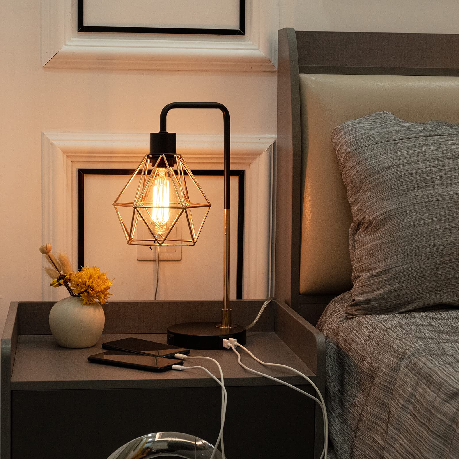 Cotulin Touch Control Black Gold Table Lamp,Modern Industrial Desk Lamp With 2 Usb Charging Ports,3-Way Dimmable Bedside Nightstand Vintage Metal Cage Reading Lamp For Bedroom Living Room Office Study