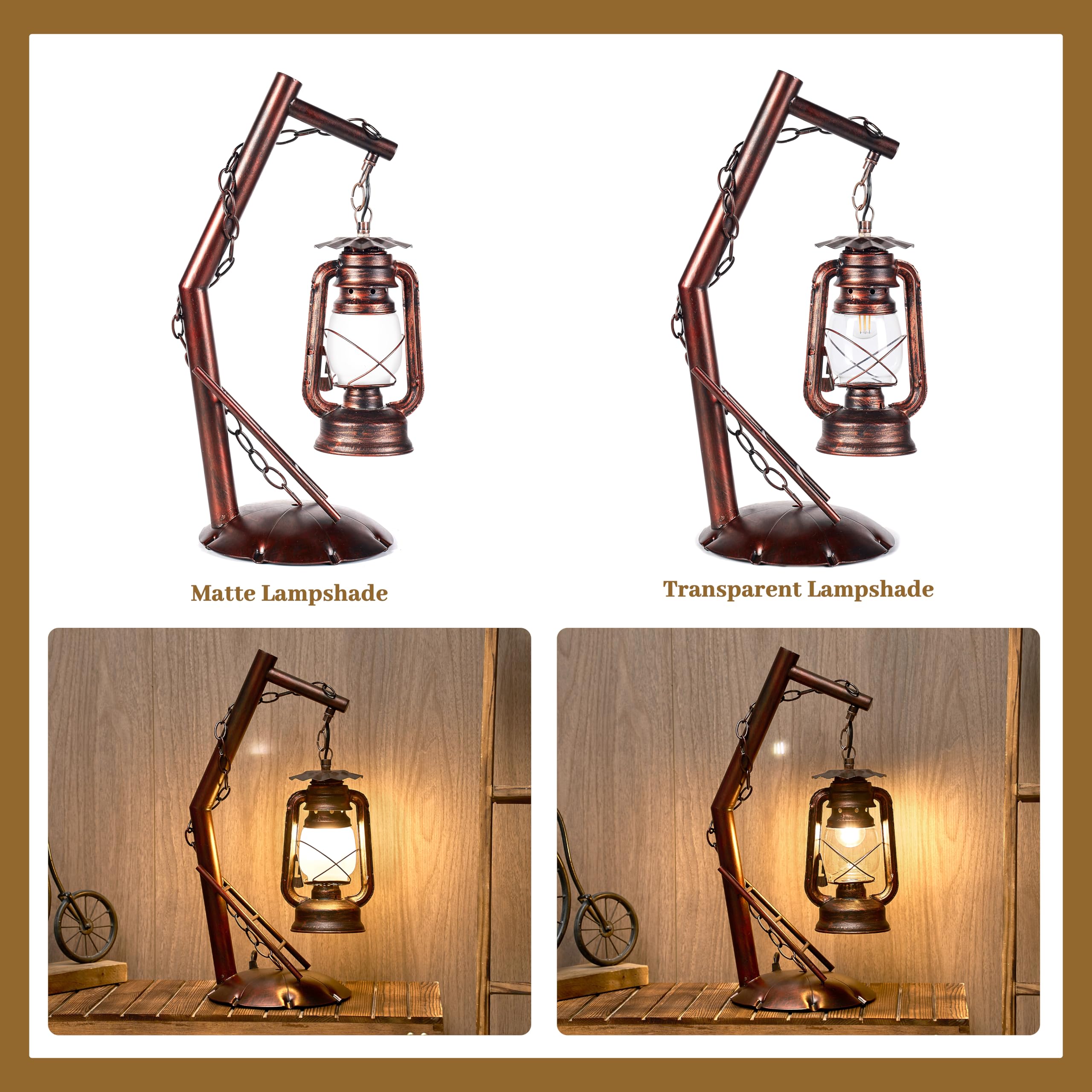 Braveamor Farmhouse Table Lamps Rustic Desk Vintage Lantern Table Lamp Antique Finish Bedside Nightlight Lamp For Bedroom, Office,Living Room (Red Brown Elen Shade, 21×10Inch)