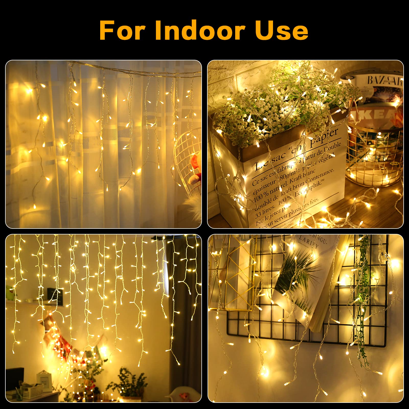 Techip Tchip Christmas Icicle Lights Outdoor, 33Ft 400 Led For Outside, Plug-In Curtain String Twinkle Tree 8 Modes Waterproof Patio Party Holiday Decorations Warm White