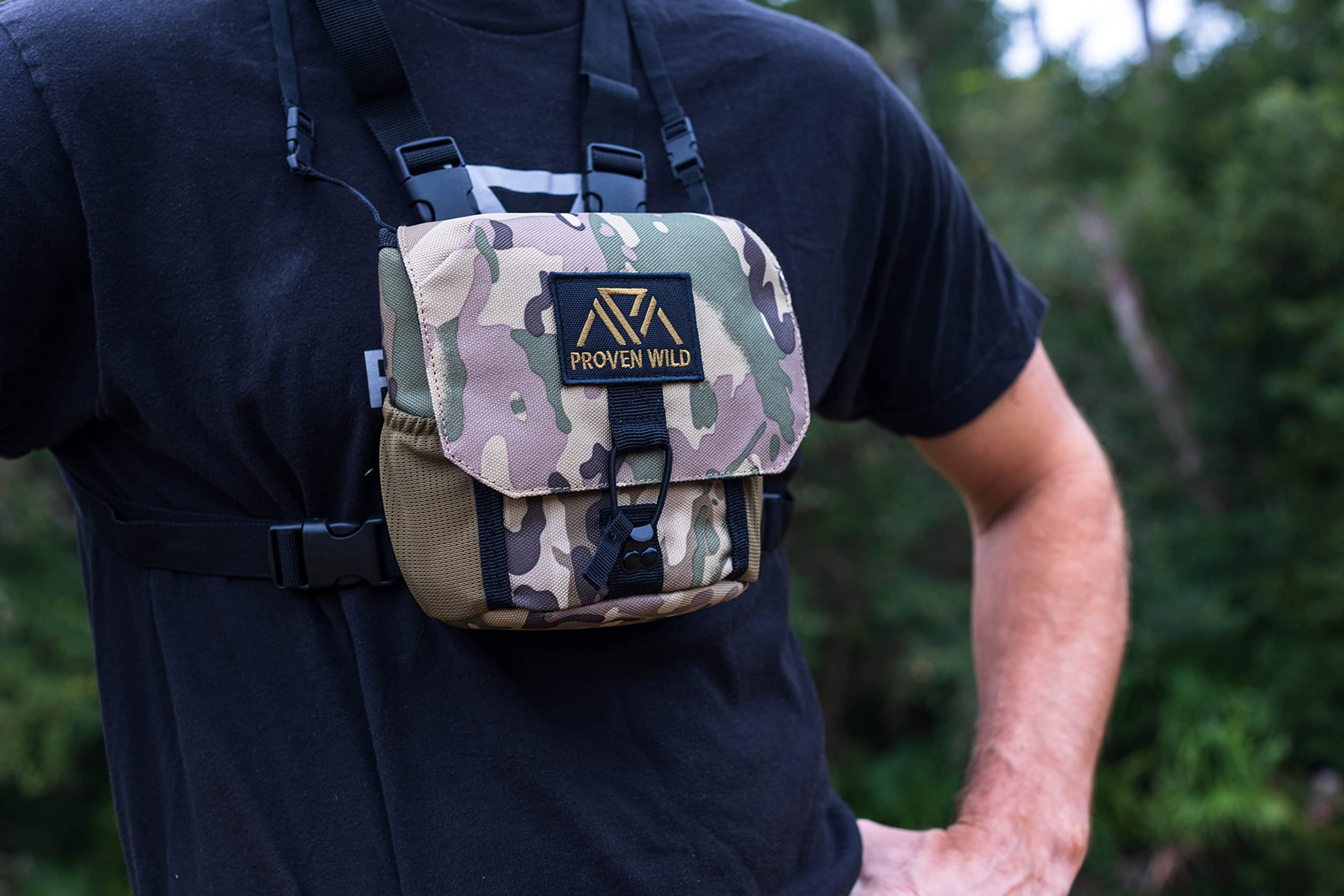Proven Wild Bino Harness Binocular Harness Chest Pack Made Of Waterproof 900D Nylon  Binocular Harness For Hunting Case With Adjustable Shoulder Straps, 2 Mesh Pockets, And Zipper Back Pocket