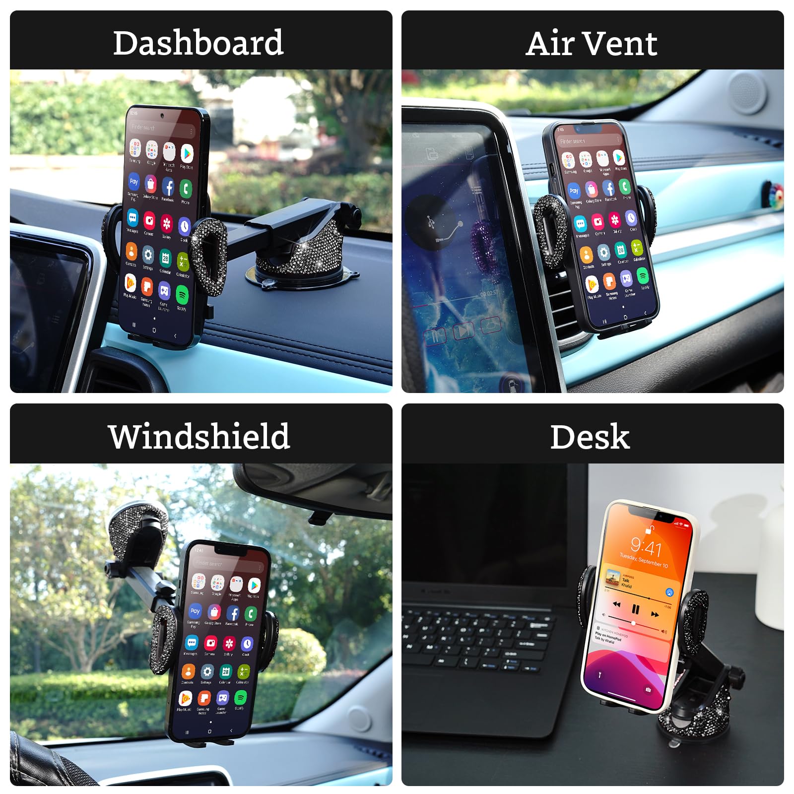 Eing Car Phone Mount Holder Dashboard Air Vent Windshield,Compatible With Iphone 12/11/11 Pro/8 Plus/8/Se/X/Xr/Xs/7 Plus Samsung S20/S10/S9/S8,Moto,Huawei,Nokia,Lg,Smartphones,Black