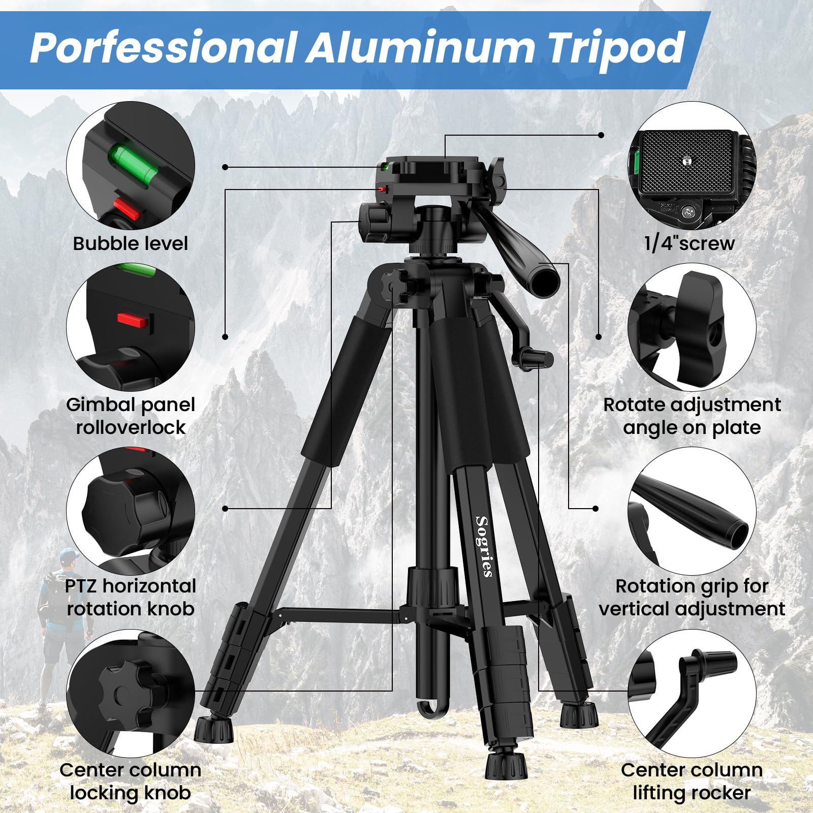 Sogries Tripod-60”Camera Tripod,Porfessional Aluminum Lightweight Travel Outdoor Tripods For Camera/Dslr/Cell Phone/Camcorder/Binoculars/Microscope