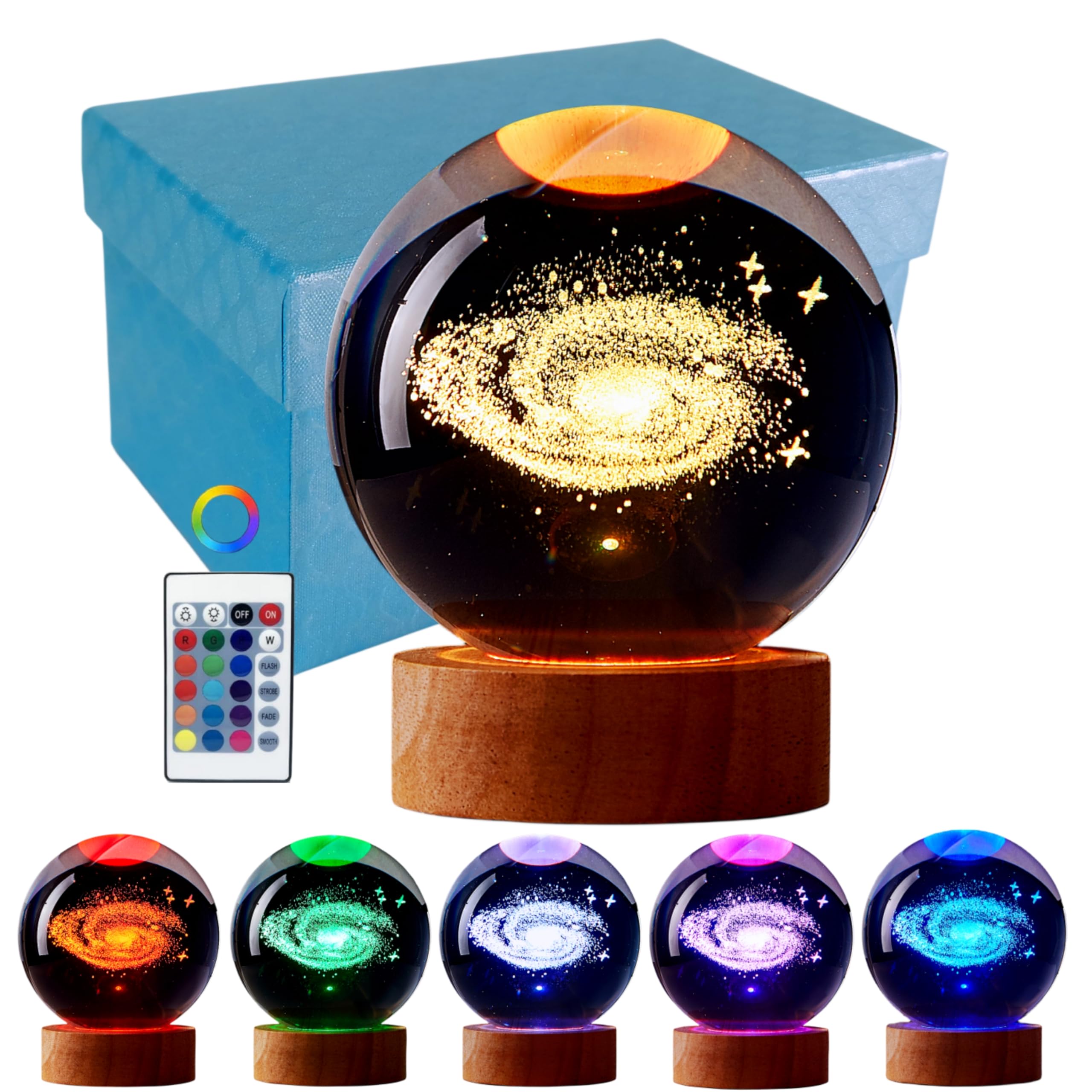Digfpwt Galaxy Crystal Ball Night Light, 3.15 Inch 3D Solar System Crystal Lamp With Led Wooden Base, 16 Colors Change With Remote Control,  Box Packing,  Ideas For Friends (Galaxy)