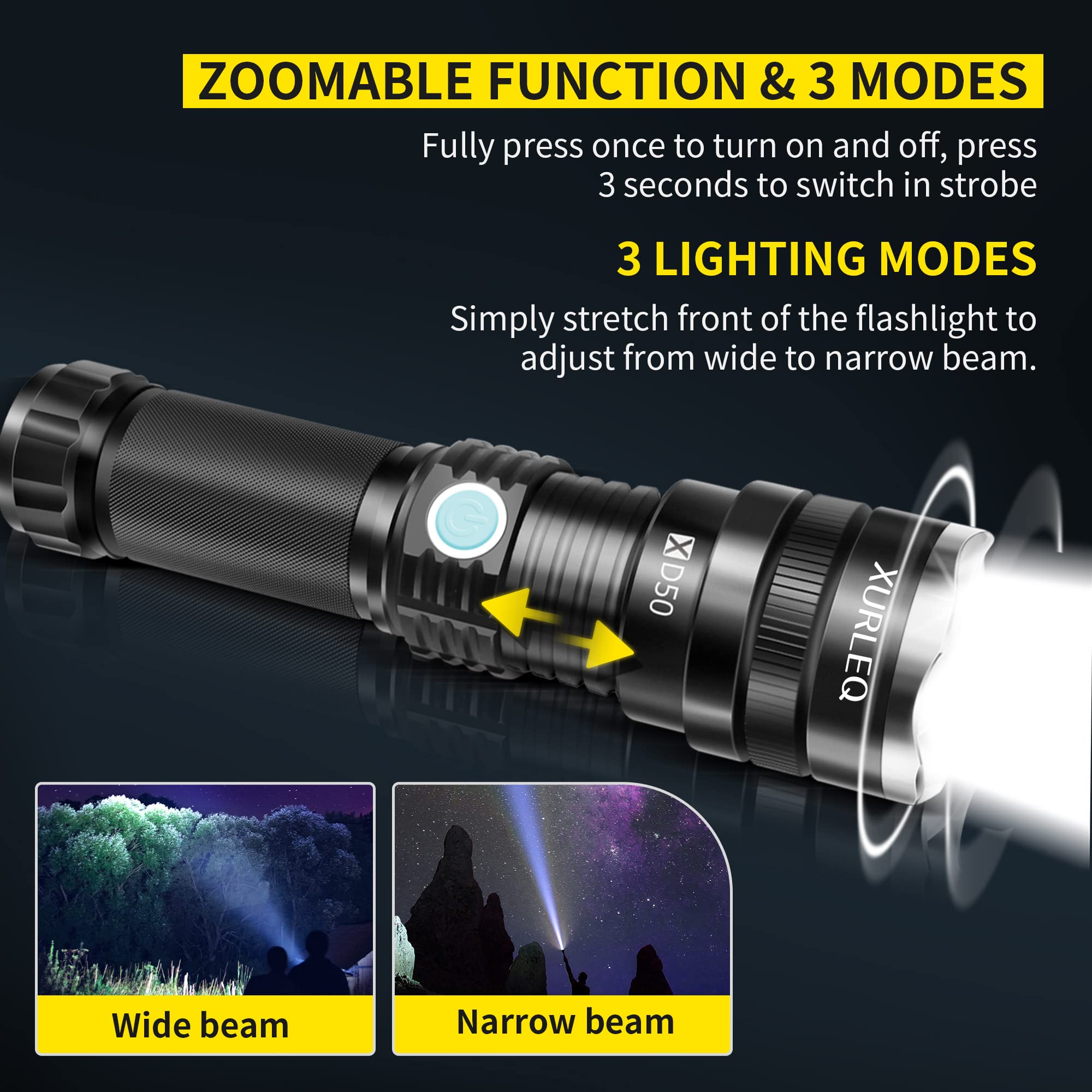 Xurleq Flashlight Rechargeable Flashlights High Lumens Streamlight Flashlight 3 Modes Adjustable Waterproof Tactical Flashlight Led Flashlight For Camping Biking Hiking Outdoor Emergency