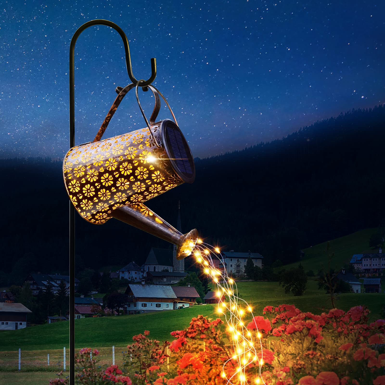 Lureshine Outdoor Solar Watering Can With Lights Garden Decor Large Solar Powered Lanterns Hanging Waterproof Led Decorative Retro Metal Kettle String Lights For Table Yard Pathway Walkway Gardening 