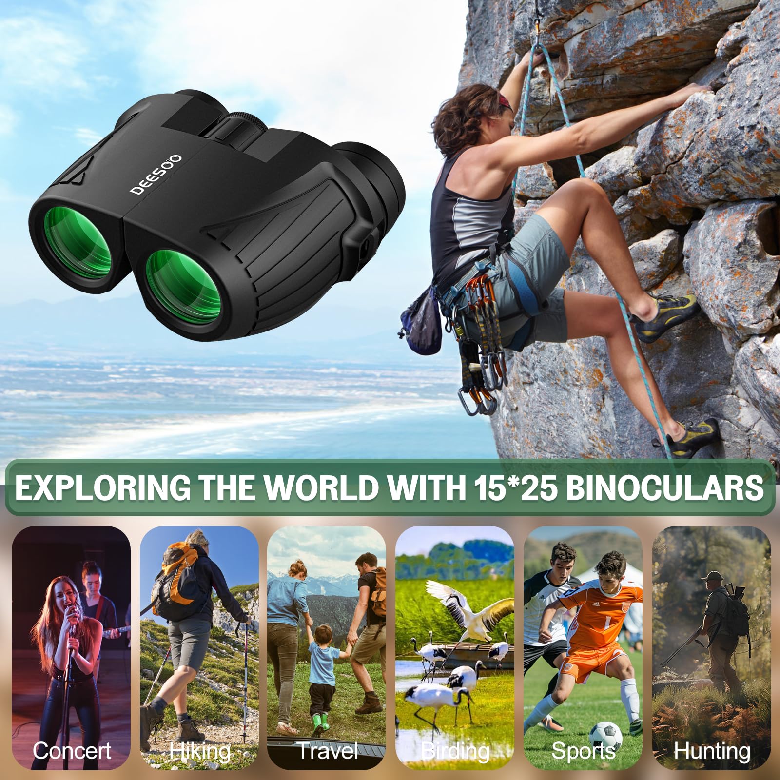 Deesoo 15X25 Binoculars - Ultra Clear Bak4 Optics With Wide Objective Lens For Adventurers