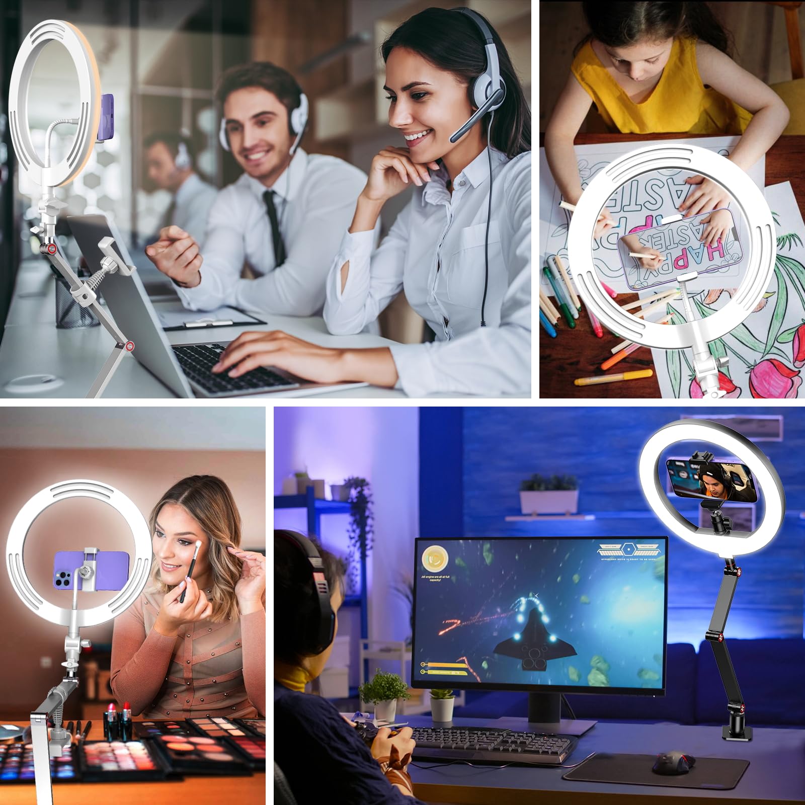 Miao Lab Usb 10' Ring Light For Desk With Stand And Phone Holder, Ring Light With Overhead Camera Mount And Adjustable Desk Arm Stand For Photography,Makeup, Zoom Calls, Youtube Videos（White）