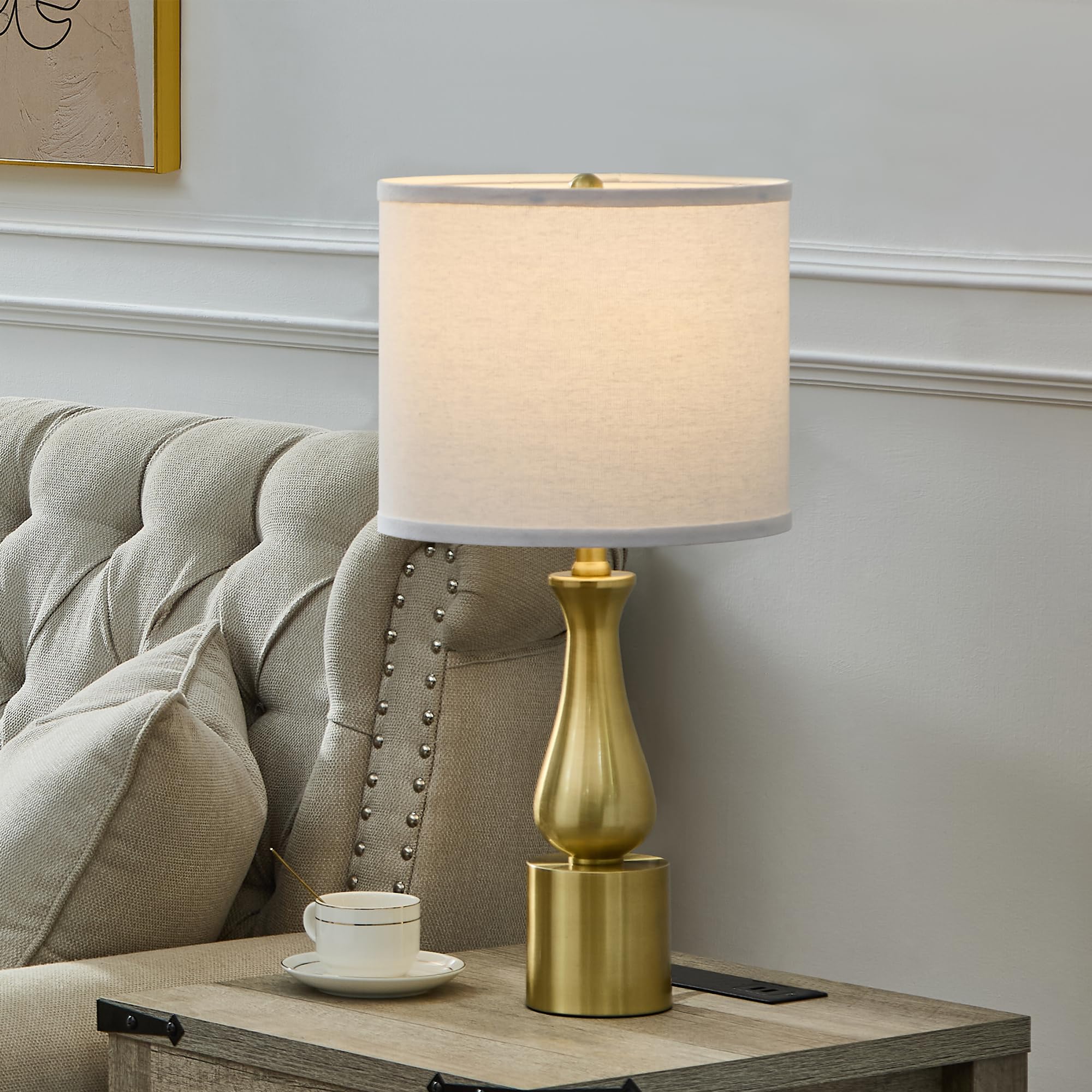 Dggdome 23" Modern Gold Lamps Set Of 2 For Bedroom, Minimalist Gold Table Lamps For Living Room Set Of 2, Small Gold Table Lamps For Nightstand Set Of 2, With White Linen Drum Lampshade For Home Office
