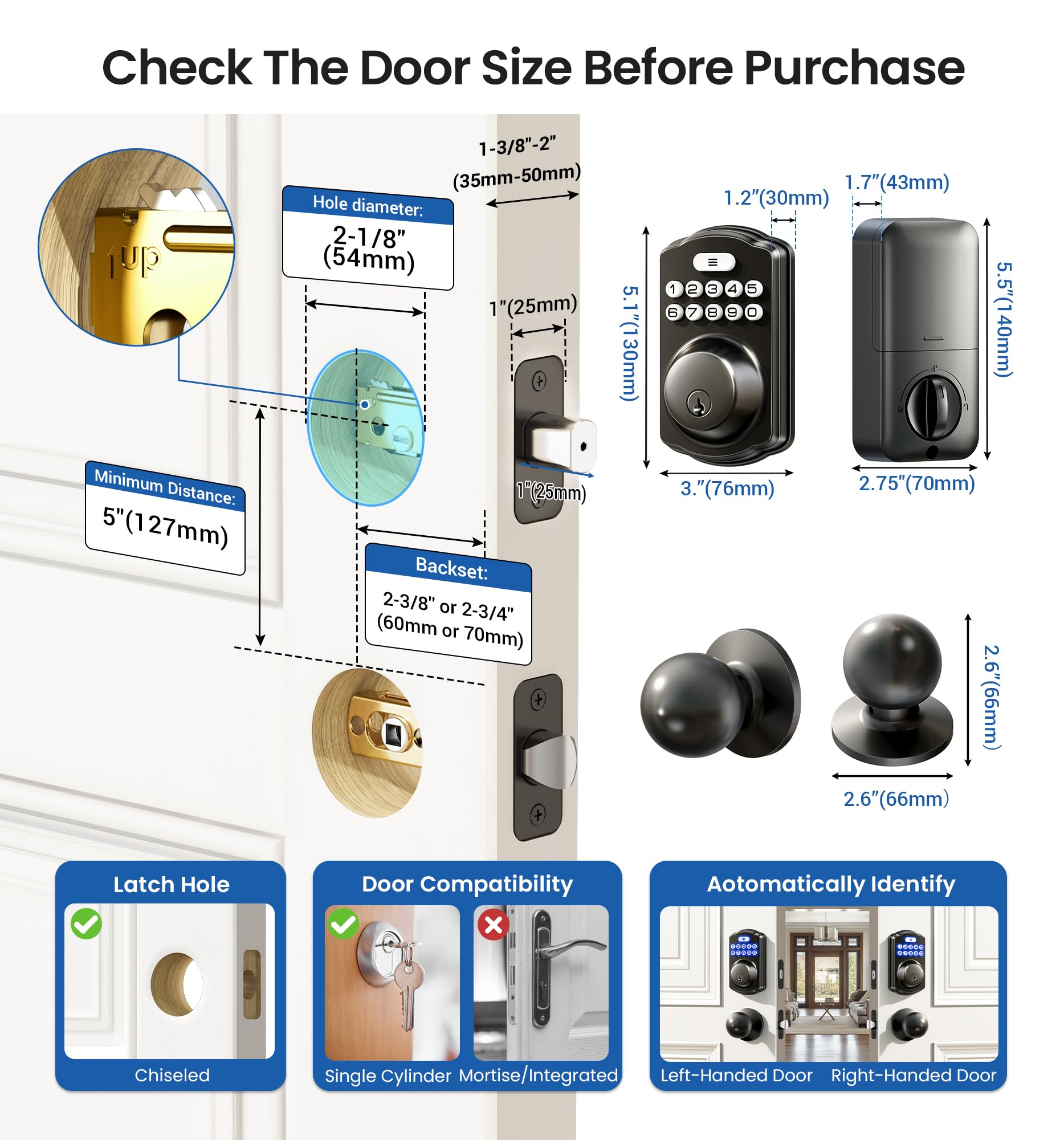 Veise Keyless Entry Door Lock With 2 Knobs, Electronic Backlit Keypad Deadbolt With Handle Set, Auto Lock, One-Time Codes, Smart Deadbolt For Front Door, Easy Installation, Matte Black