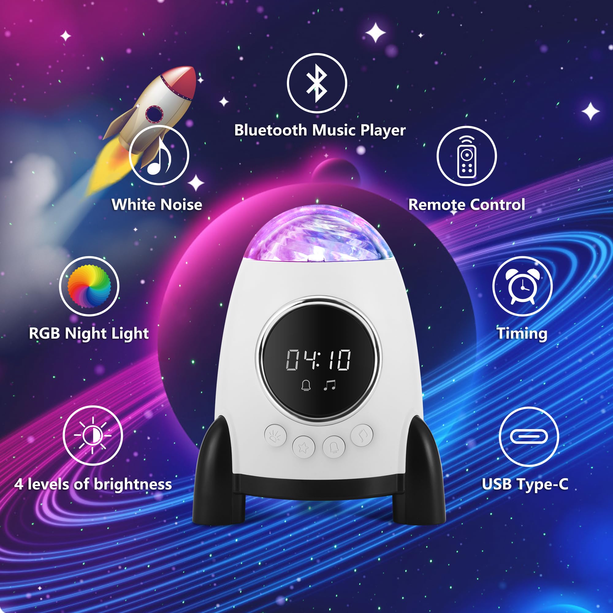 Konchile Star Projector With Alarm Clock, Rocket Galaxy For Bedroom, Bluetooth Speaker And White Noise Aurora