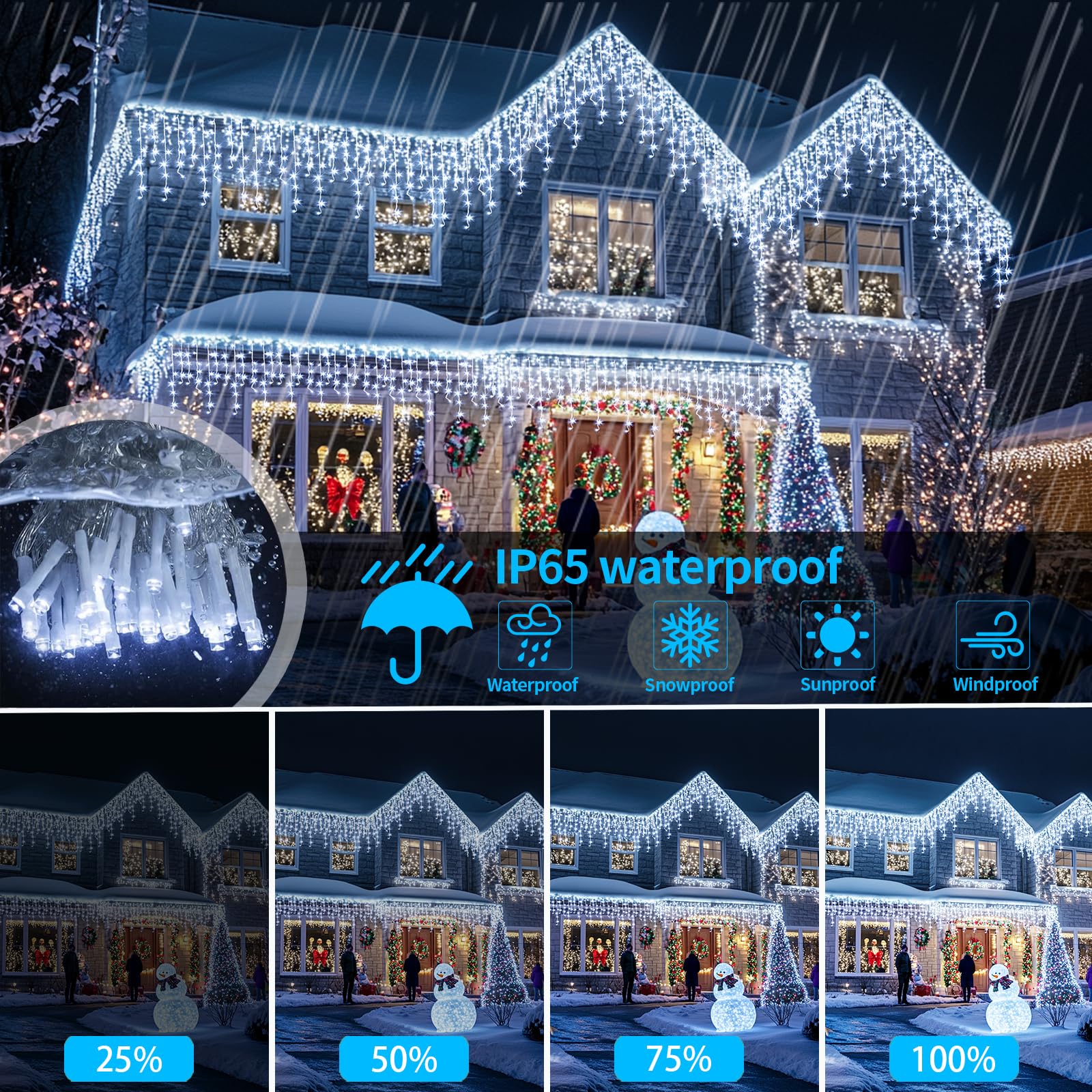 Qlirjad Solar Christmas Lights Outdoor Waterproof 60+16Ft 600 Led Icicle Lights For Outside With 2400Mah Connectable Rechargeable Dimmable Remote 8 Modes Fairy Lights For Xmas Yard Eaves Balcony Decorations