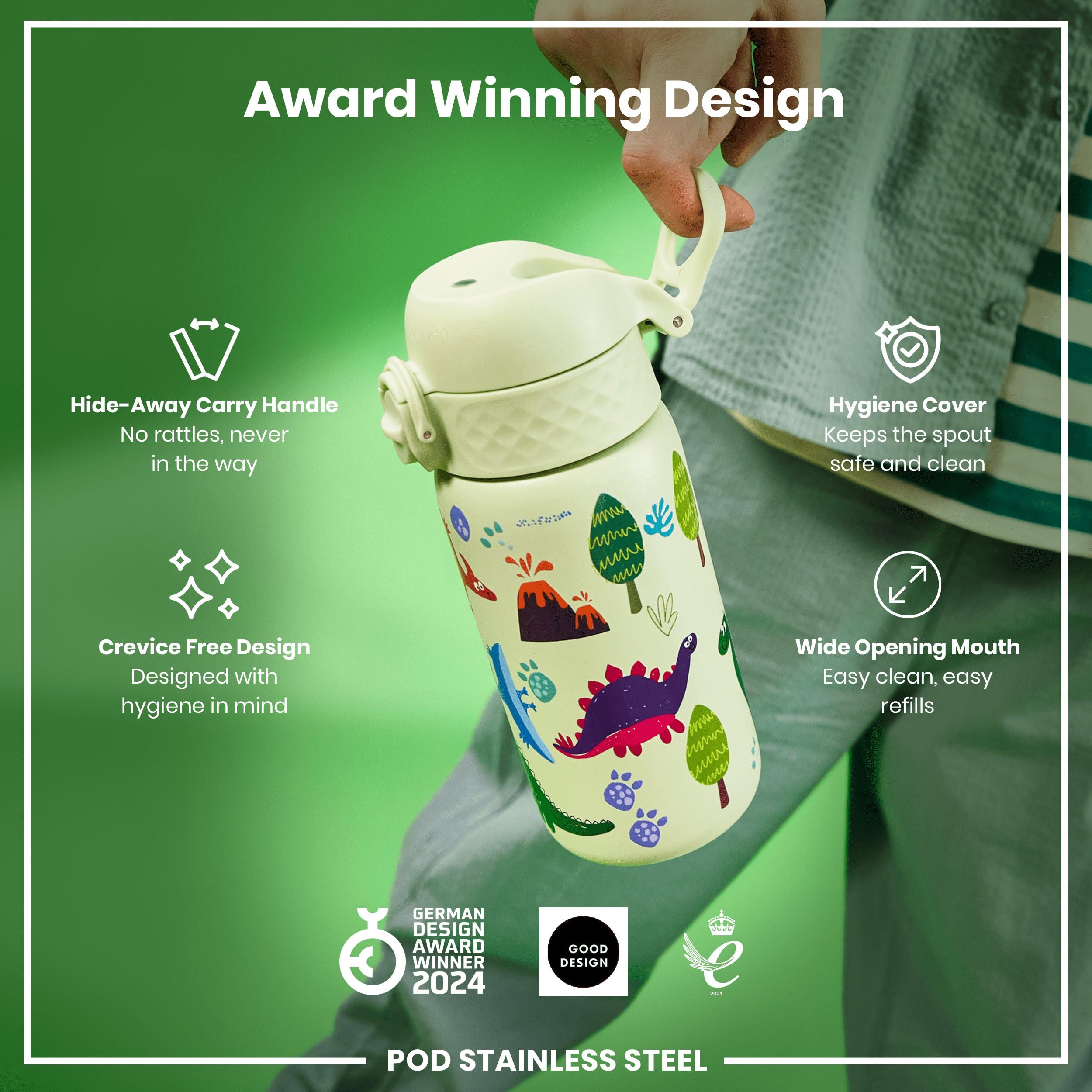 Ion8 Kids Water Bottle, Steel 400 Ml/13 Oz, Leak Proof, Easy To Open, Secure Lock, Dishwasher Safe