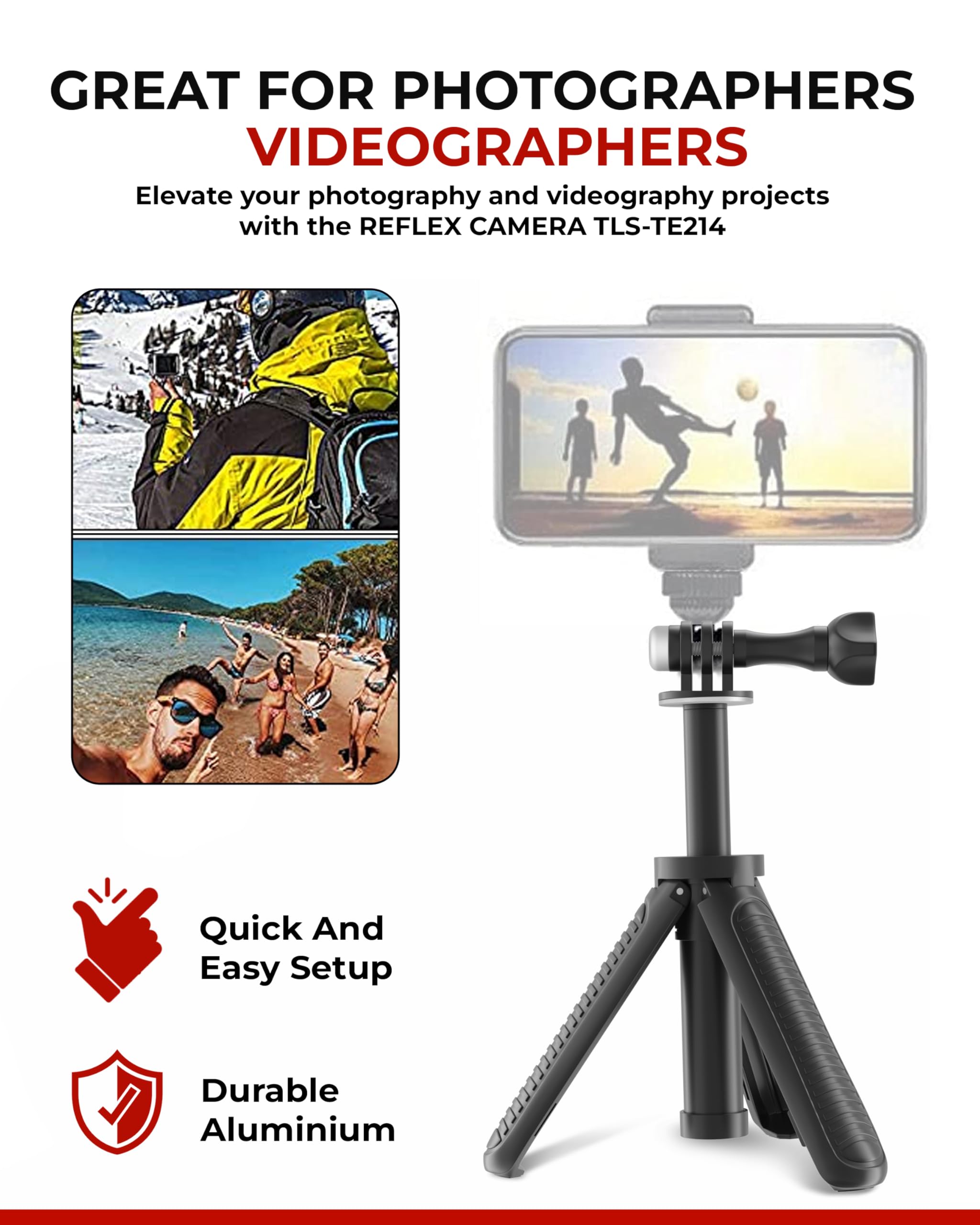 Reflex Camera 9.4" 23Cm Pocket Selfie Stick - Mini Tripod For Action Cameras 3 Adjustable Heights Compatible With Gopro Hero 13/12/11/10/9/8/Max, Dji Osmo Action 4/3/2/1, Insta 360 & Other Action Cams