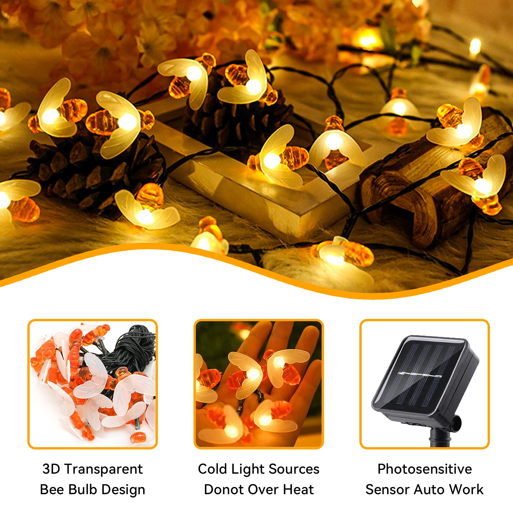 Iticdecor Solar Bee String Lights 30 Led 8 Modes Cute Bee Light Waterproof Outdoor Lights Starry Fairy Light Wedding Home Garden Patio Party Christmas Tree Decoration