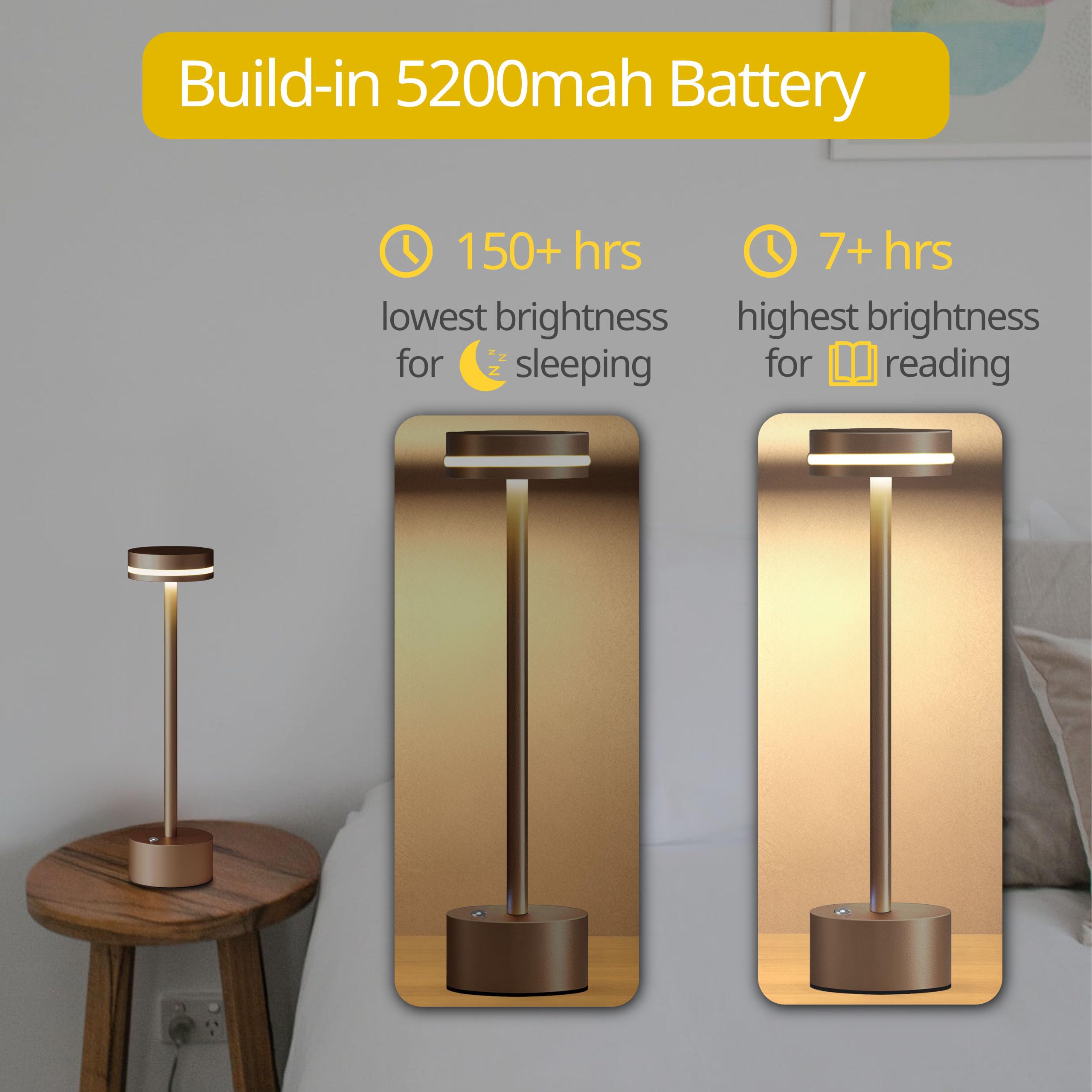 Ecoespti Cordless Table Lamp, Portable Rechargeable Bedside Lamp, Touch Stepless Dimmable Desk Lamp, For Home Bedroom Hotel Restaurant Bar Outdoor, 2 Set, Coffee