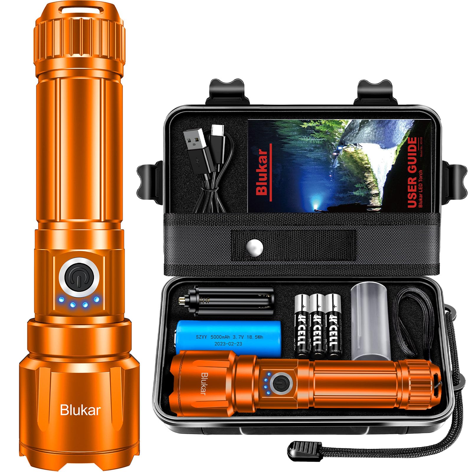 Blukar Flashlight Rechargeable, Super Bright Flashlights - Zoomable, 5 Light Modes, Ip67 Waterproof, Powerful Long Lasting Handheld Flash Light For Emergencies-Orange
