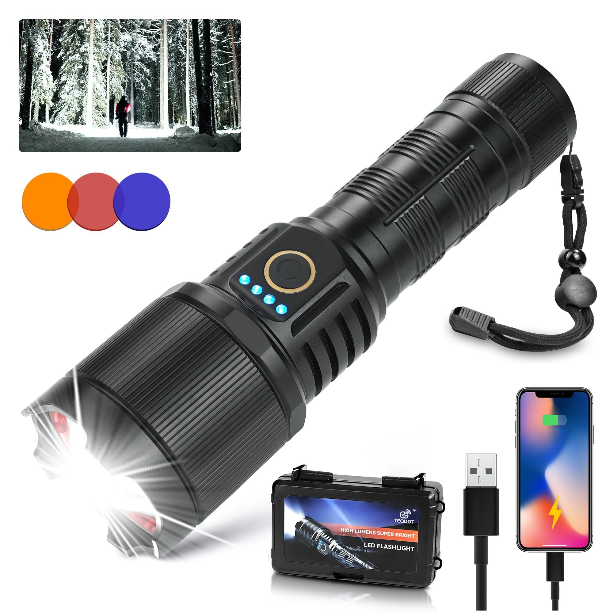 Teqdot Flashlights High Lumens 990000 Led Rechargeable Utility Flashlight Zoomable 3 Modes Fast Charging Ipx6 Waterproof Super Bright Black Handheld Flashlights For Camping Hiking Outdoor And 