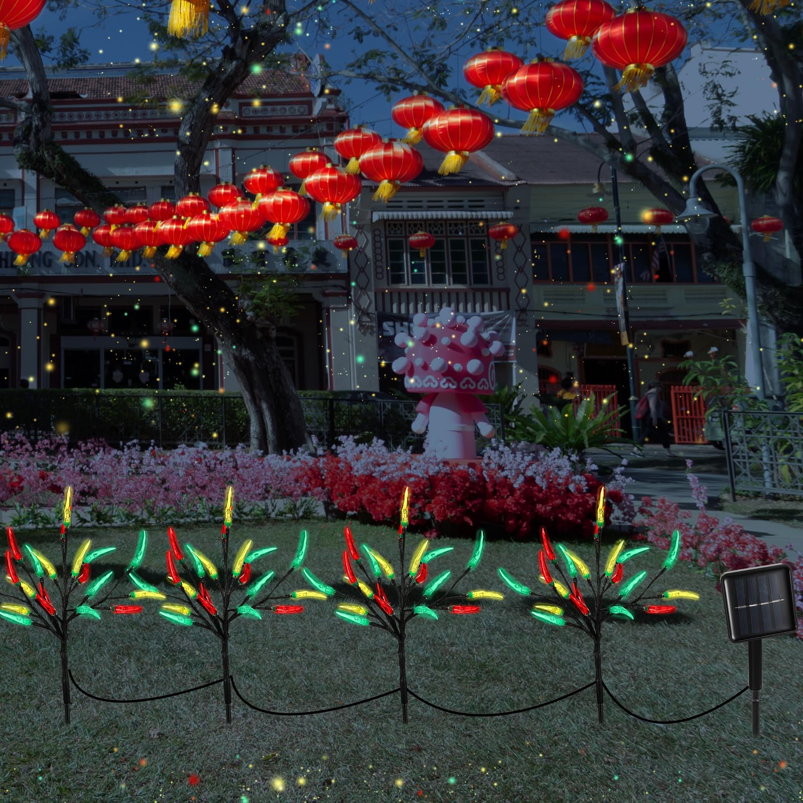 Rossesay 4 Pack Solar Chili Pepper Lights Cinco De Mayo Party Decorations 80 Led Red Green And Yellow Solar Stake Landscape Lights For Outdoor Garden Yard Pathway Summer Party Decor
