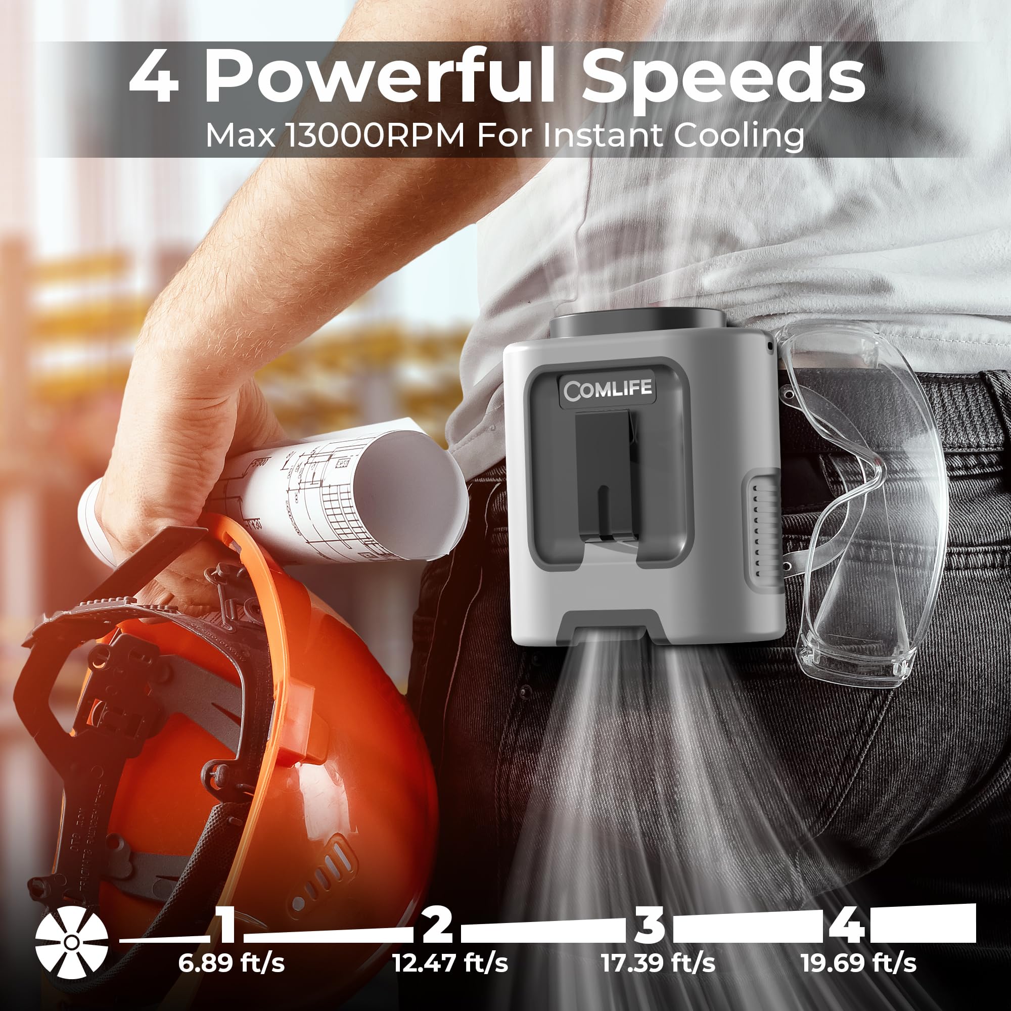 Comlife Portable Mini Waist Fan - Rechargeable Clip On Wearable Belt Fan, Max 25H Cooling,4 Speeds