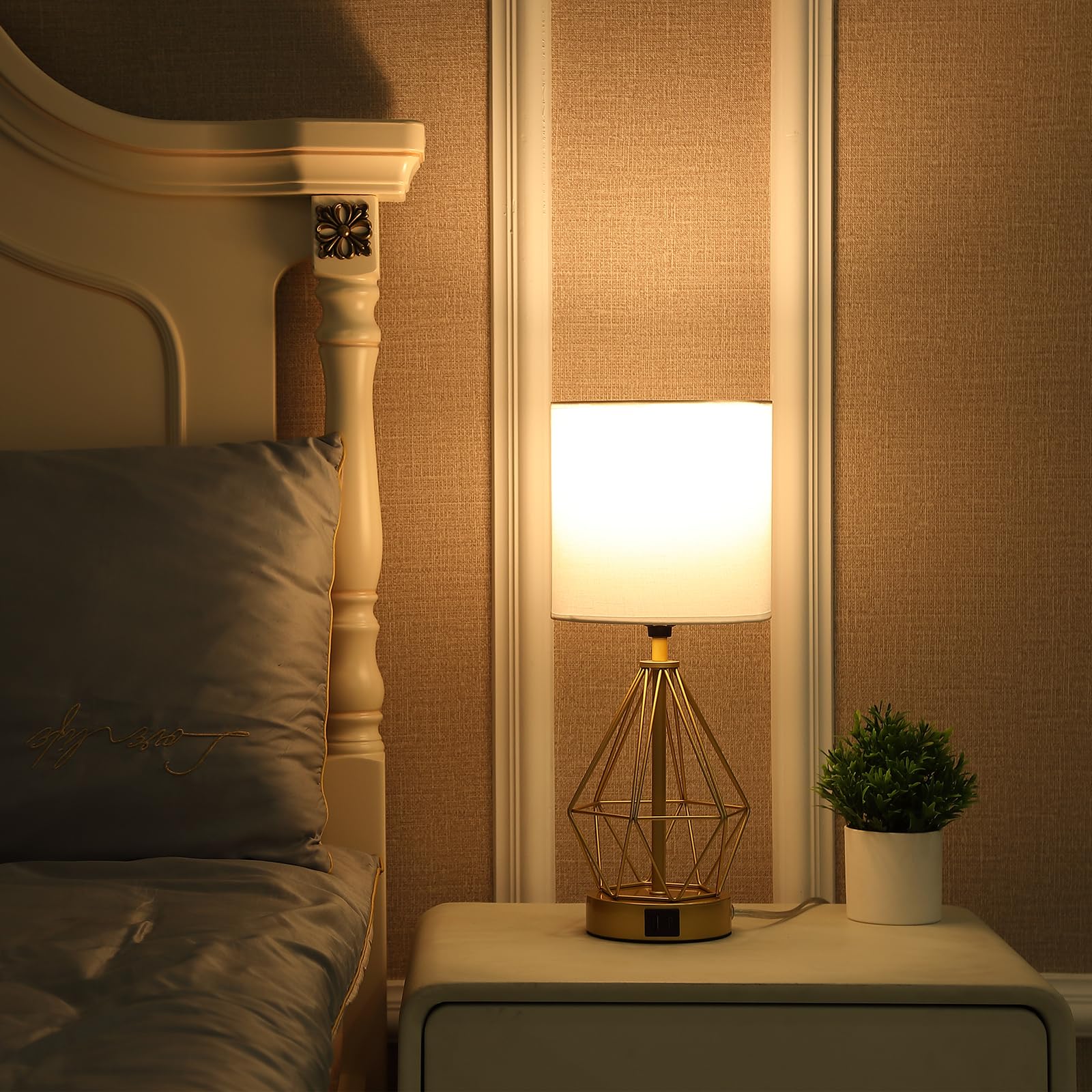 Sheenkarion Modern Touch Control Small Gold Table Lamp,Dimmable Bedroom Bedside Nightstand Lamp With Usb C+A Charging Port,Living Room Office Desk Lamp With White Fabric Shade(Bulb Included)
